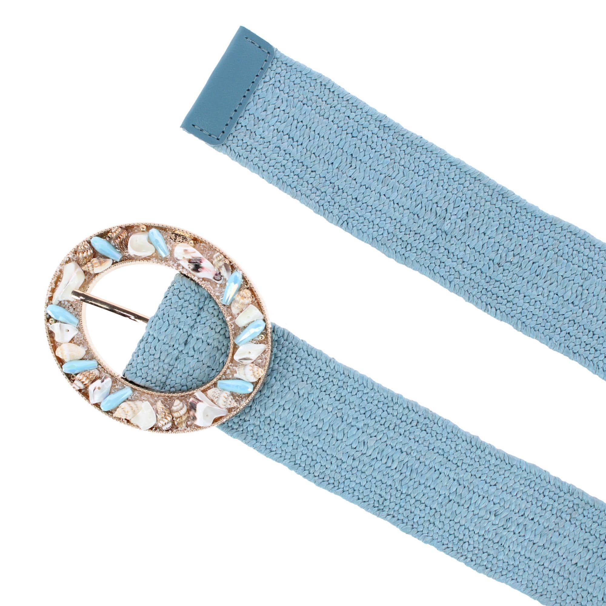 CTM® Women's One Size Raffia Stretch Belt with SeaShell Buckle - Blue