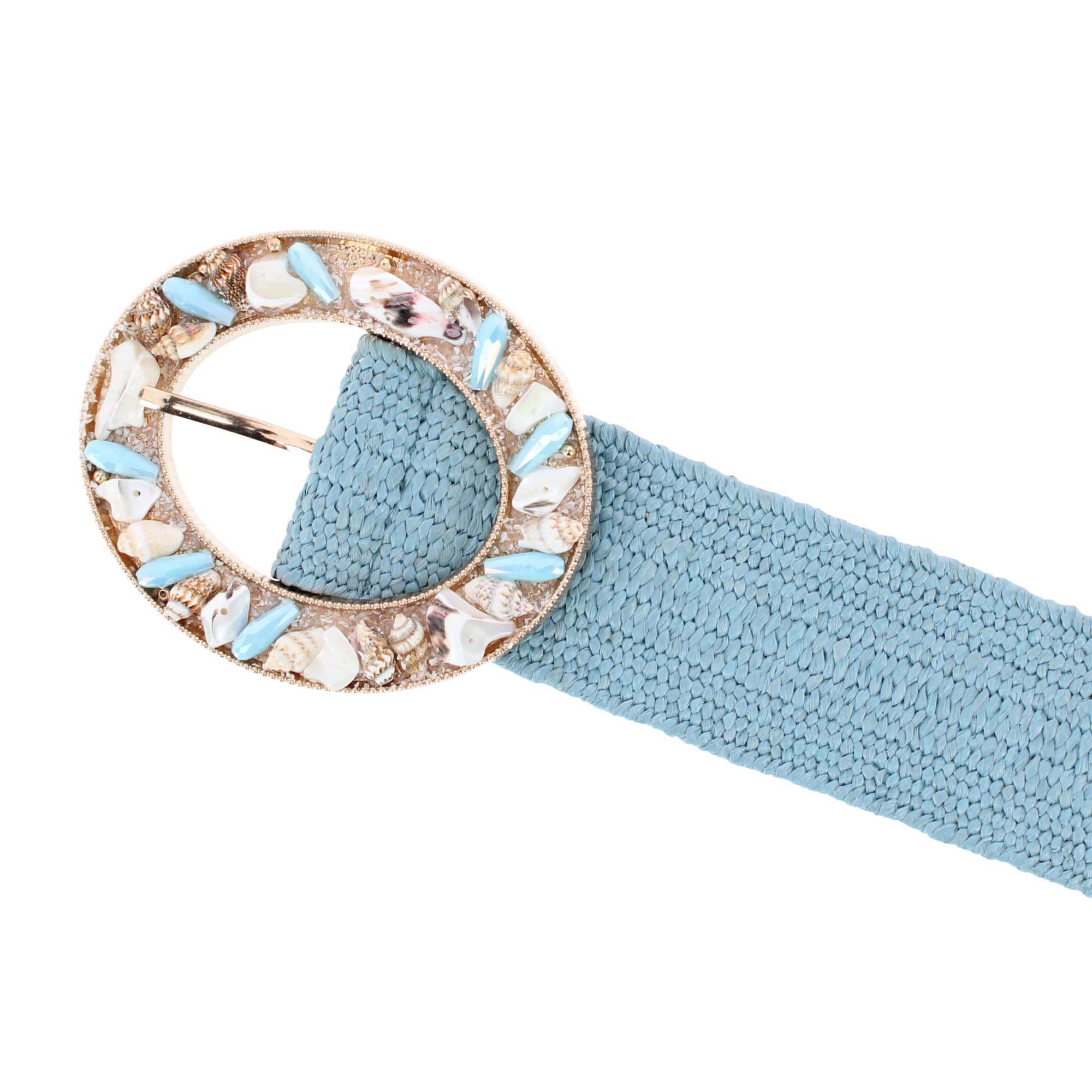CTM® Women's One Size Raffia Stretch Belt with SeaShell Buckle - Blue