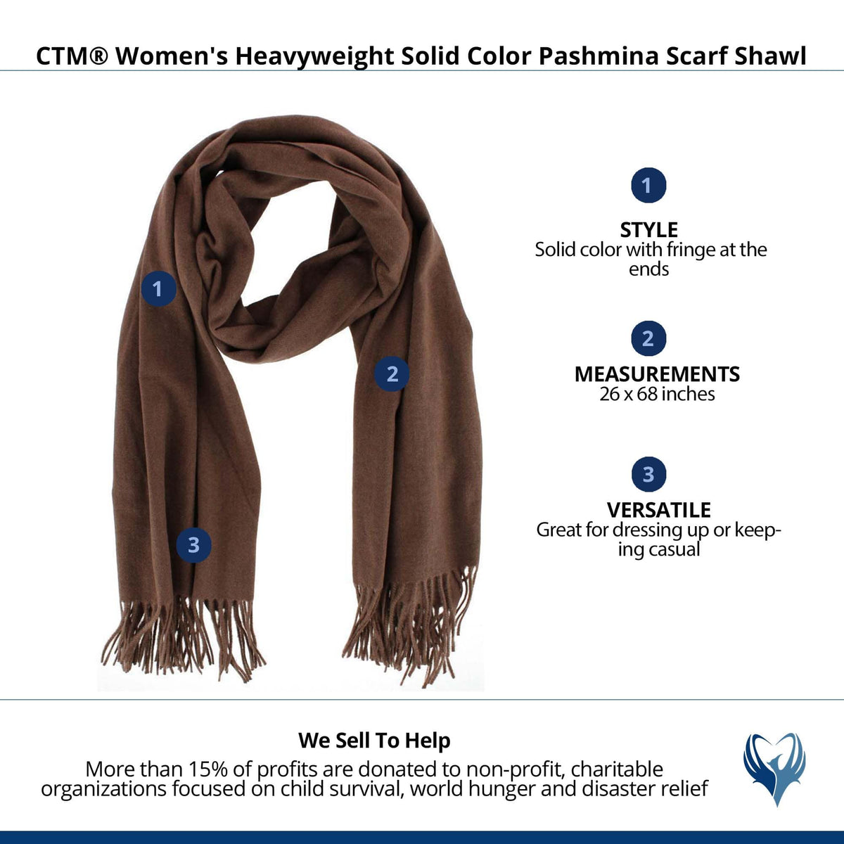 CTM® Women's Heavyweight Solid Color Pashmina Scarf Shawl - Brown