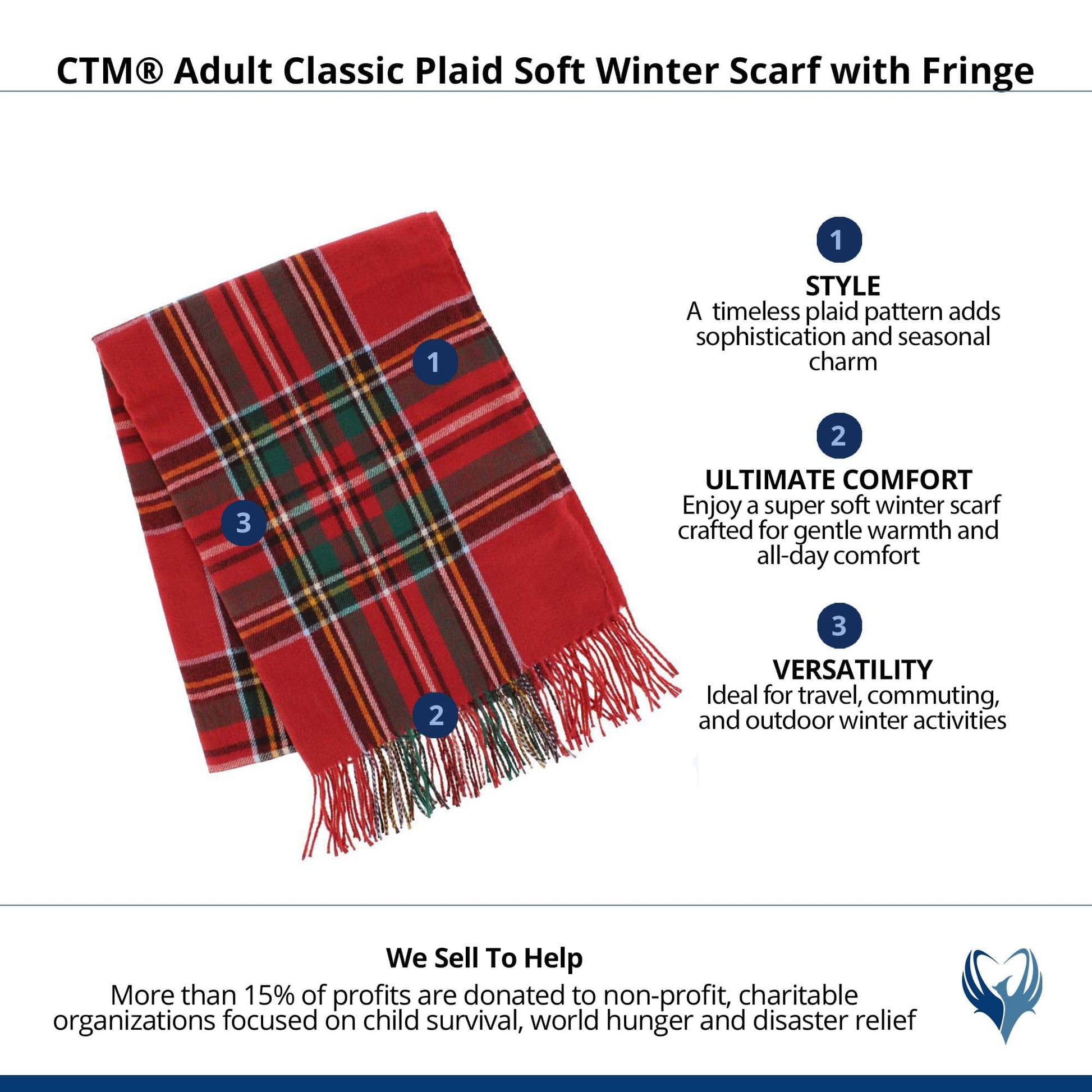 CTM® Adult Classic Plaid Soft Winter Scarf with Fringe - Red