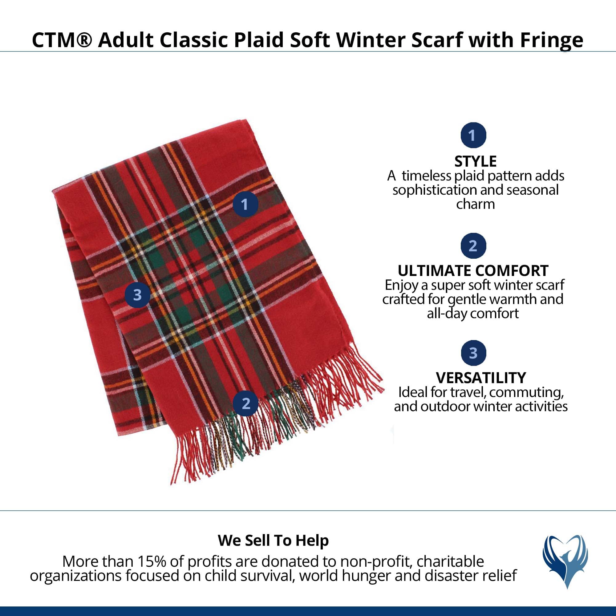 CTM® Adult Classic Plaid Soft Winter Scarf with Fringe - Red