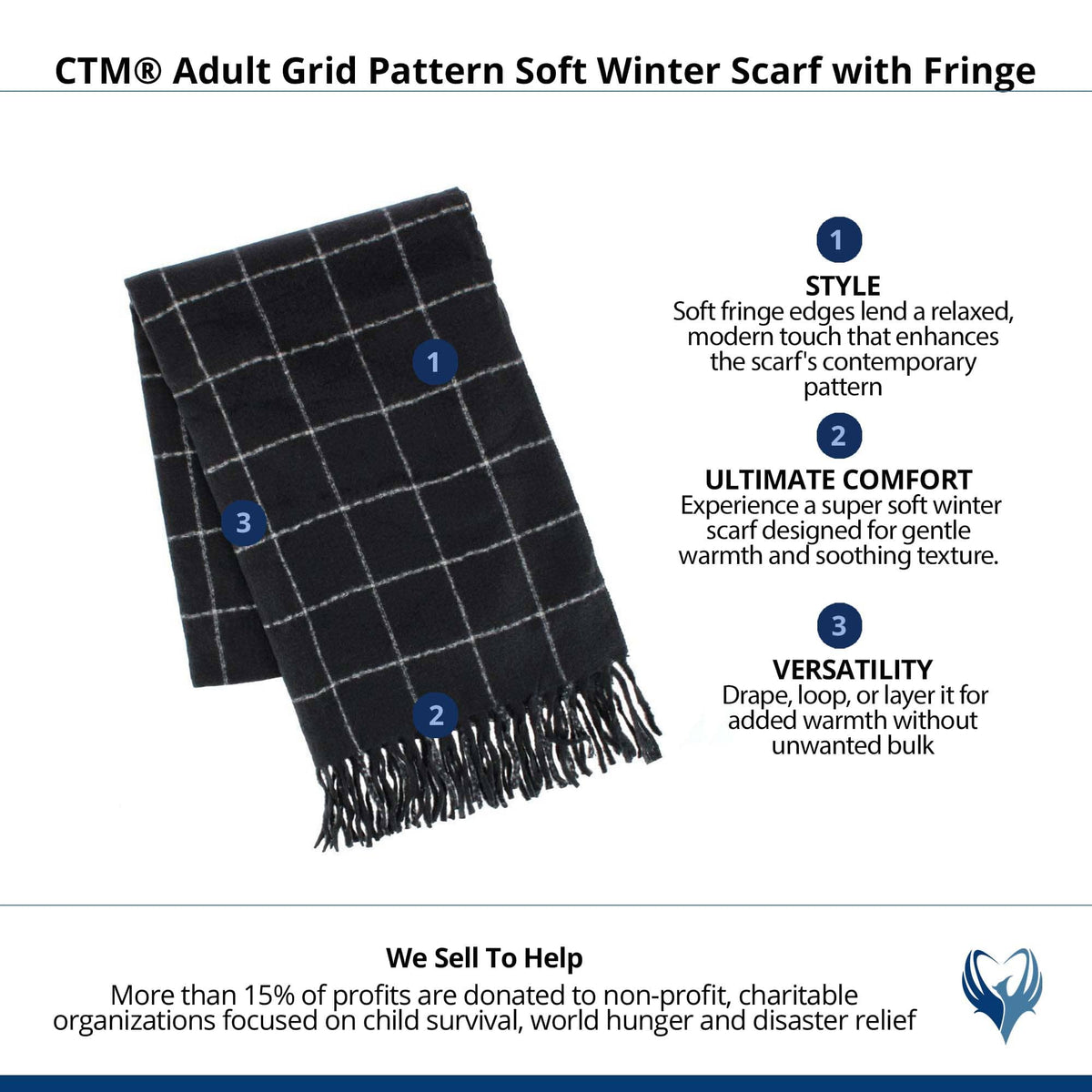 CTM® Adult Grid Pattern Soft Winter Scarf with Fringe - Black