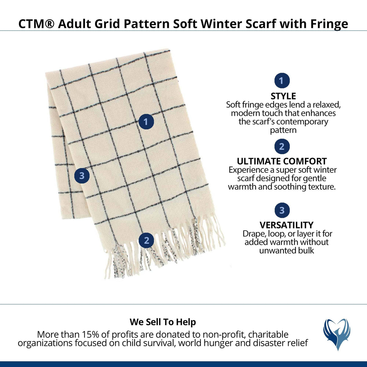 CTM® Adult Grid Pattern Soft Winter Scarf with Fringe - Cream