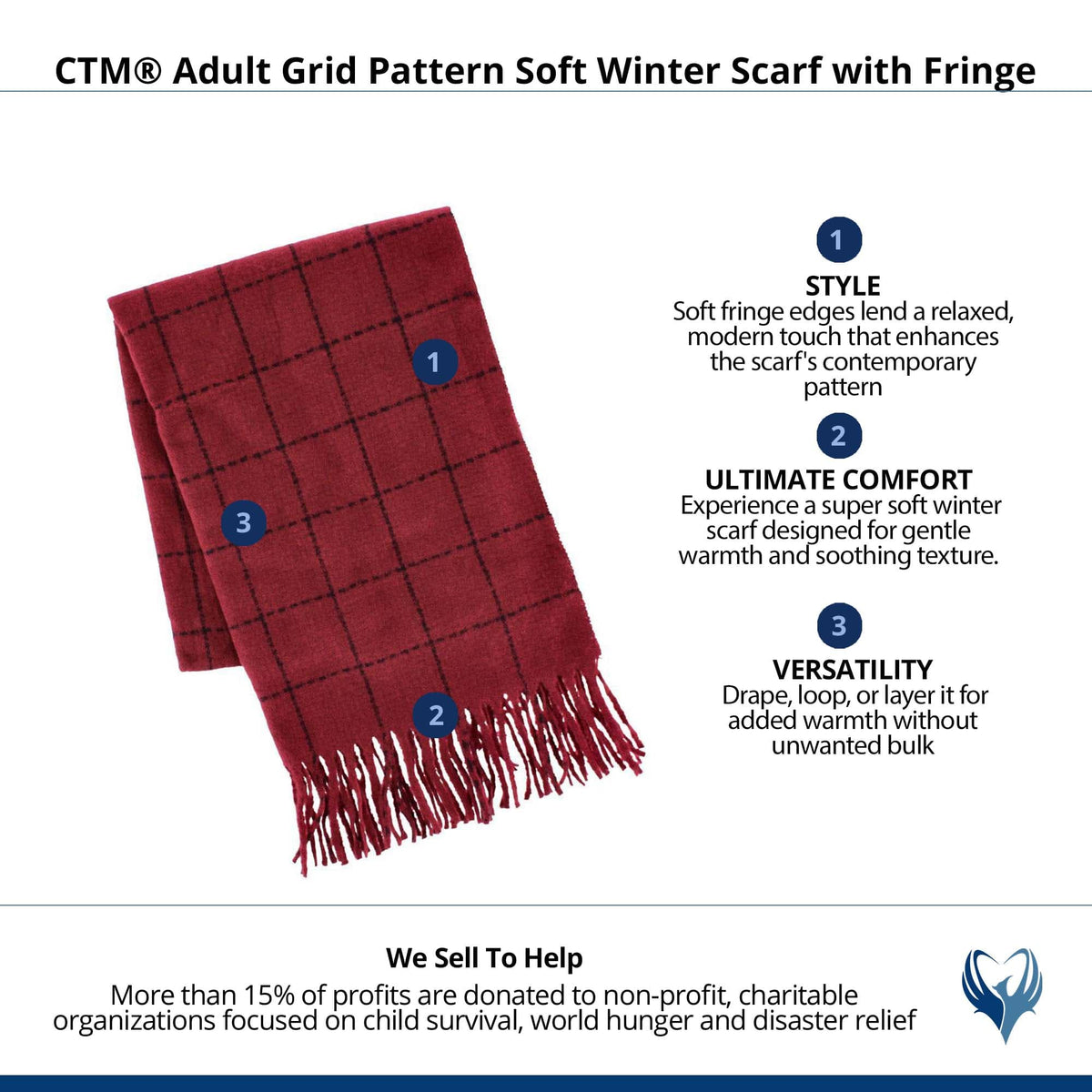 CTM® Adult Grid Pattern Soft Winter Scarf with Fringe - Red