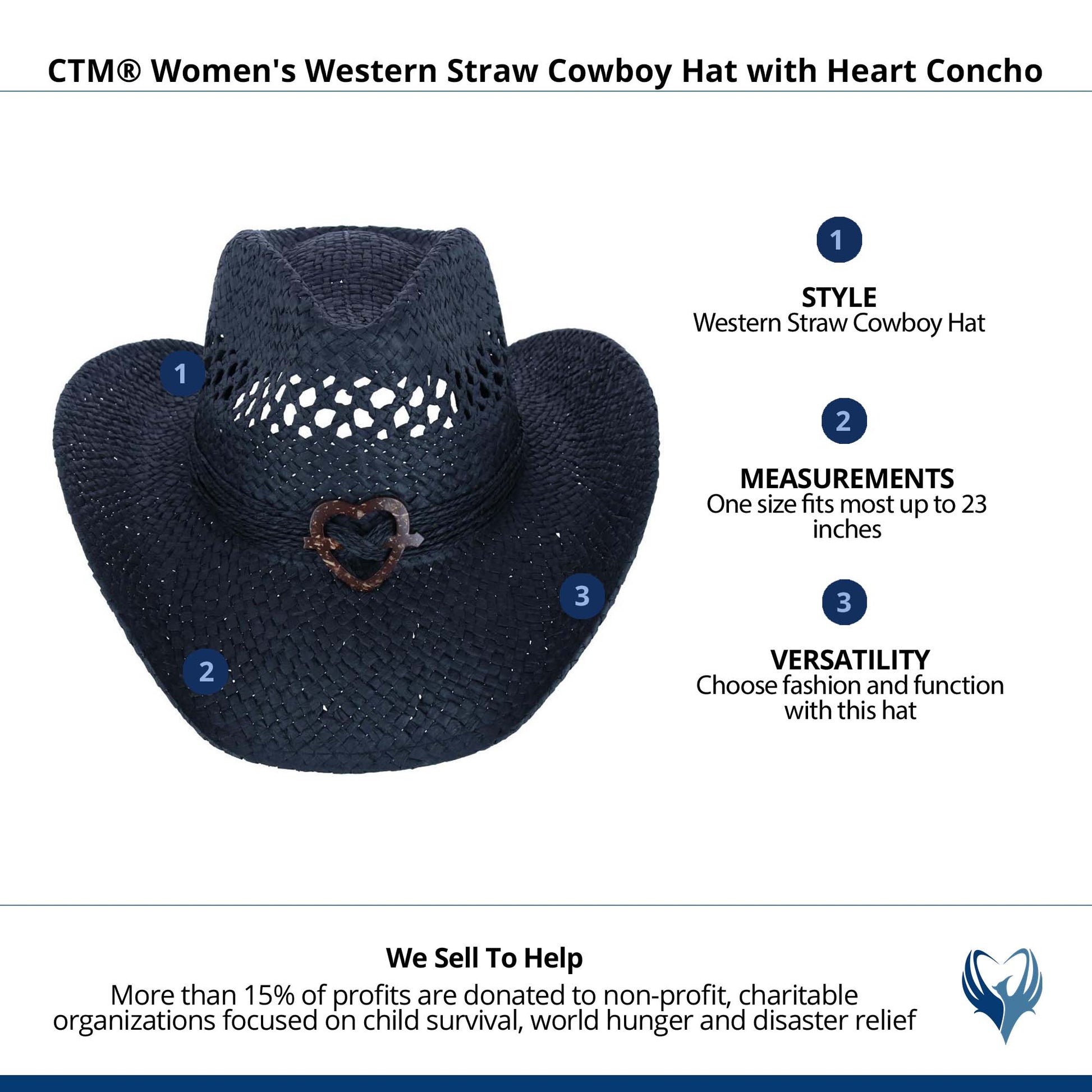 CTM® Women's Western Straw Cowboy Hat with Heart Concho - Black
