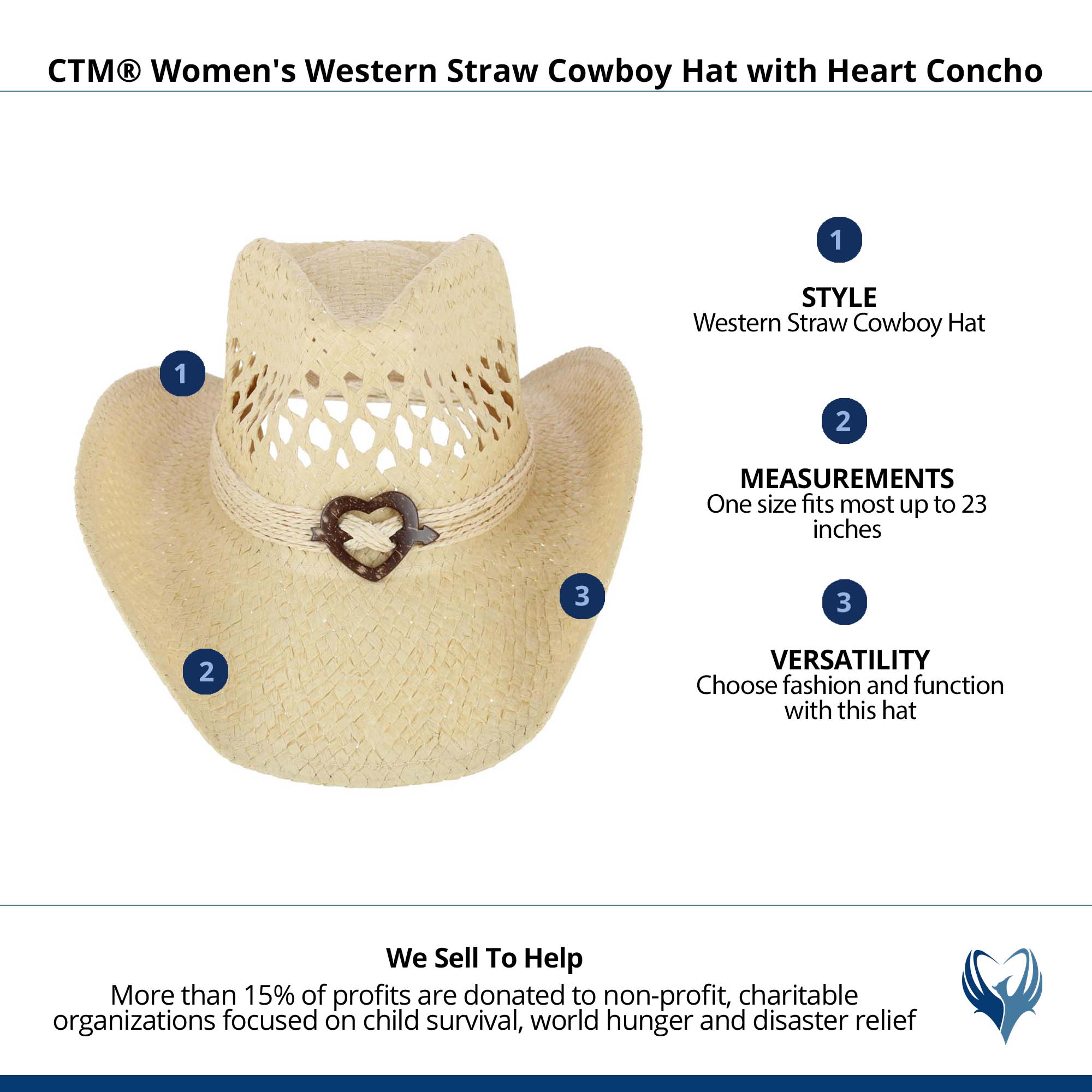 CTM® Women's Western Straw Cowboy Hat with Heart Concho - Natural