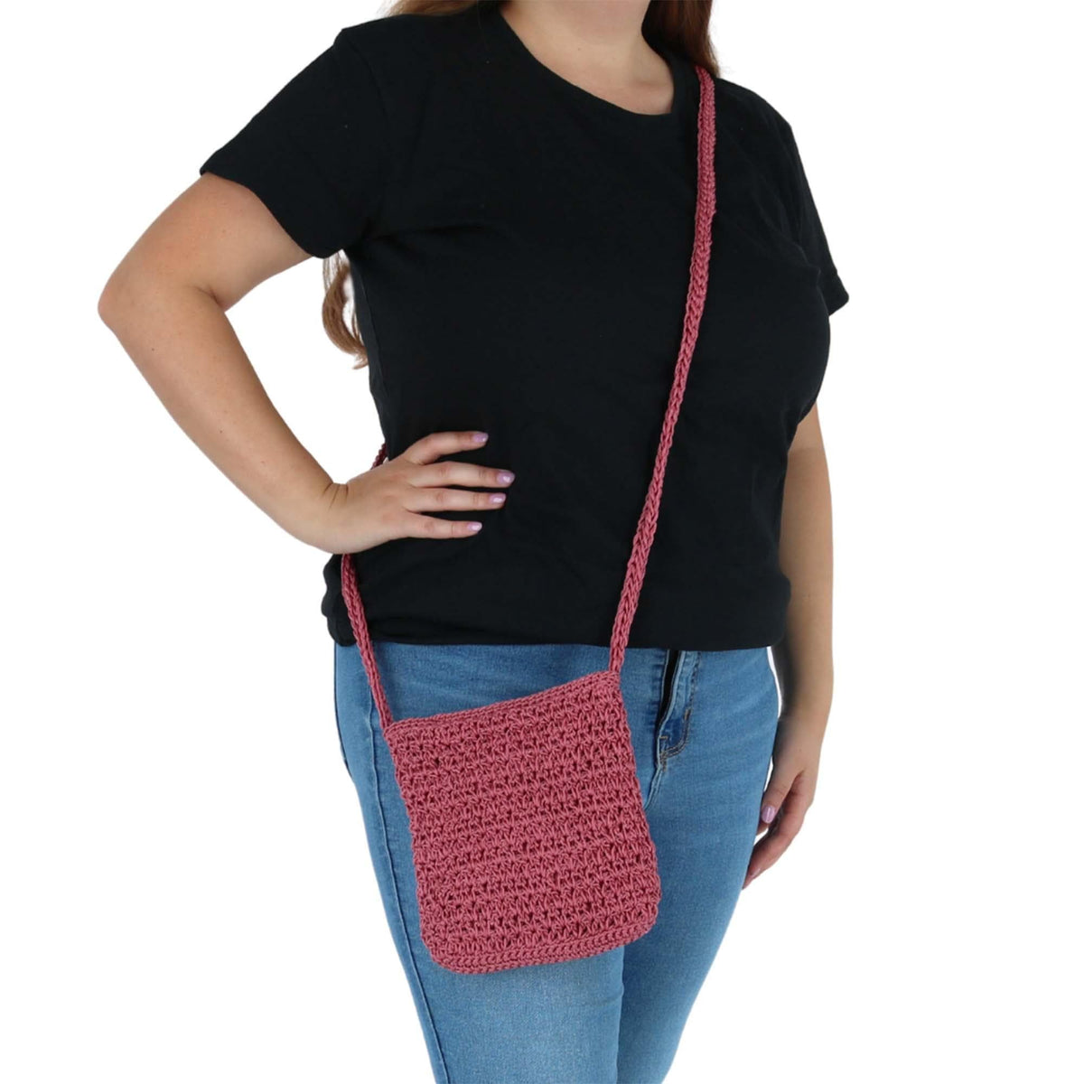 CTM® Women's Crochet Crossbody Handbag Boho Casual Shoulder Bag - Rose