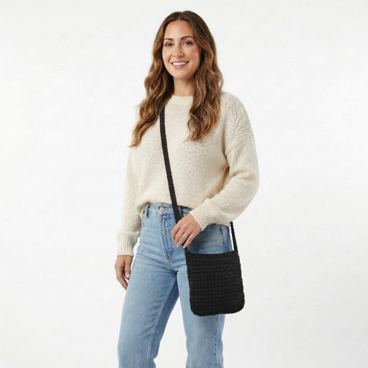CTM® Women's Crochet Crossbody Handbag Boho Casual Shoulder Bag - Black