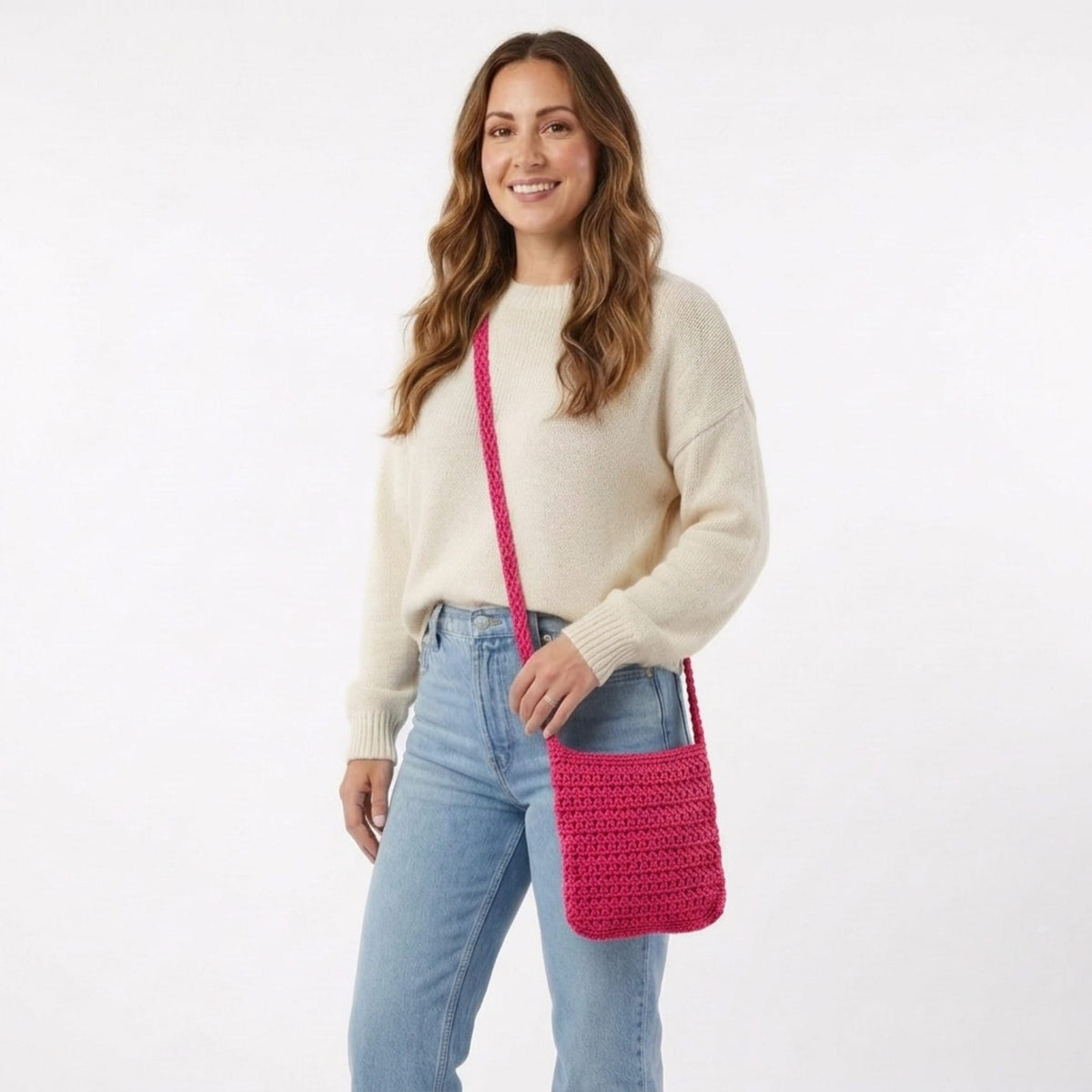 CTM® Women's Crochet Crossbody Handbag Boho Casual Shoulder Bag - Hot Pink
