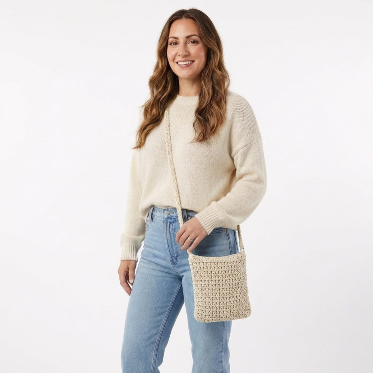 CTM® Women's Crochet Crossbody Handbag Boho Casual Shoulder Bag - Ivory