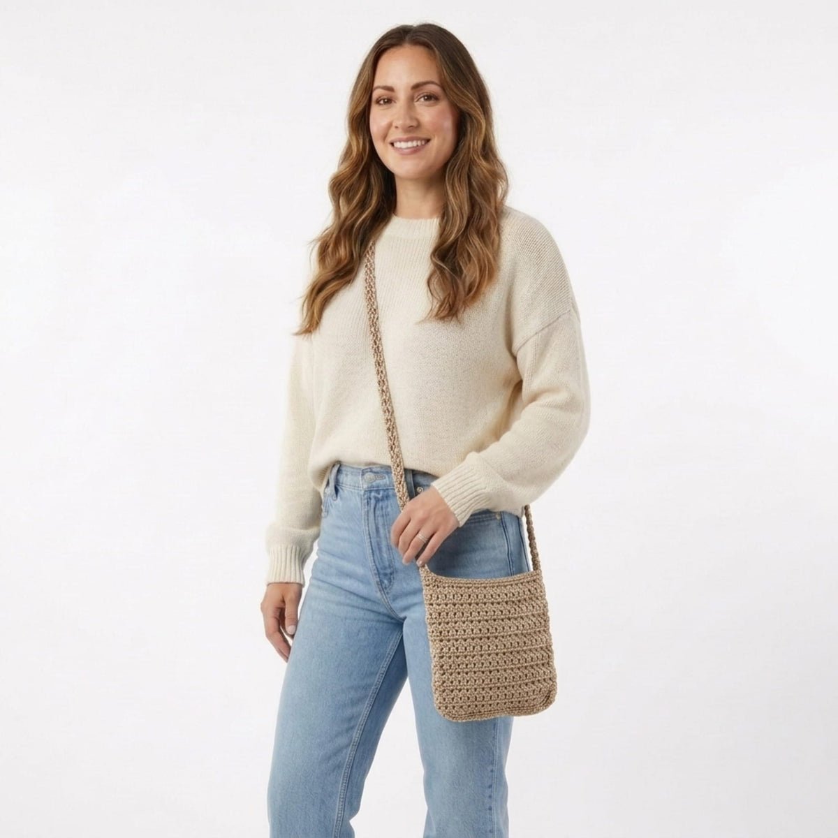 CTM® Women's Crochet Crossbody Handbag Boho Casual Shoulder Bag - Camel