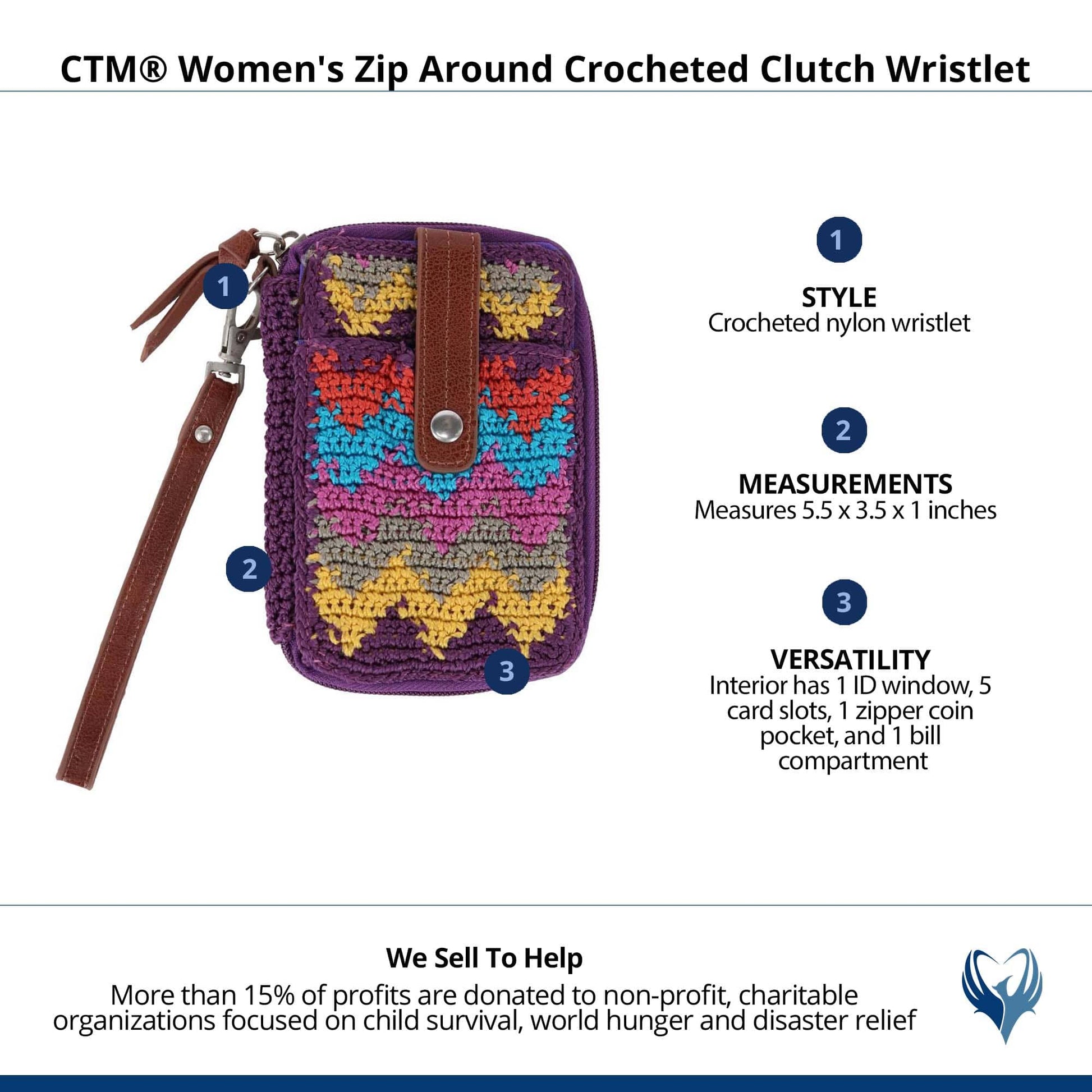 CTM® Women's Zip Around Crocheted Clutch Wristlet - Multiple Colored Design