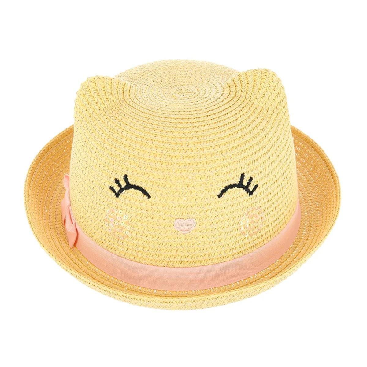 CTM® Girl's Smiling Kitty Face Straw Sun Hat - Natural