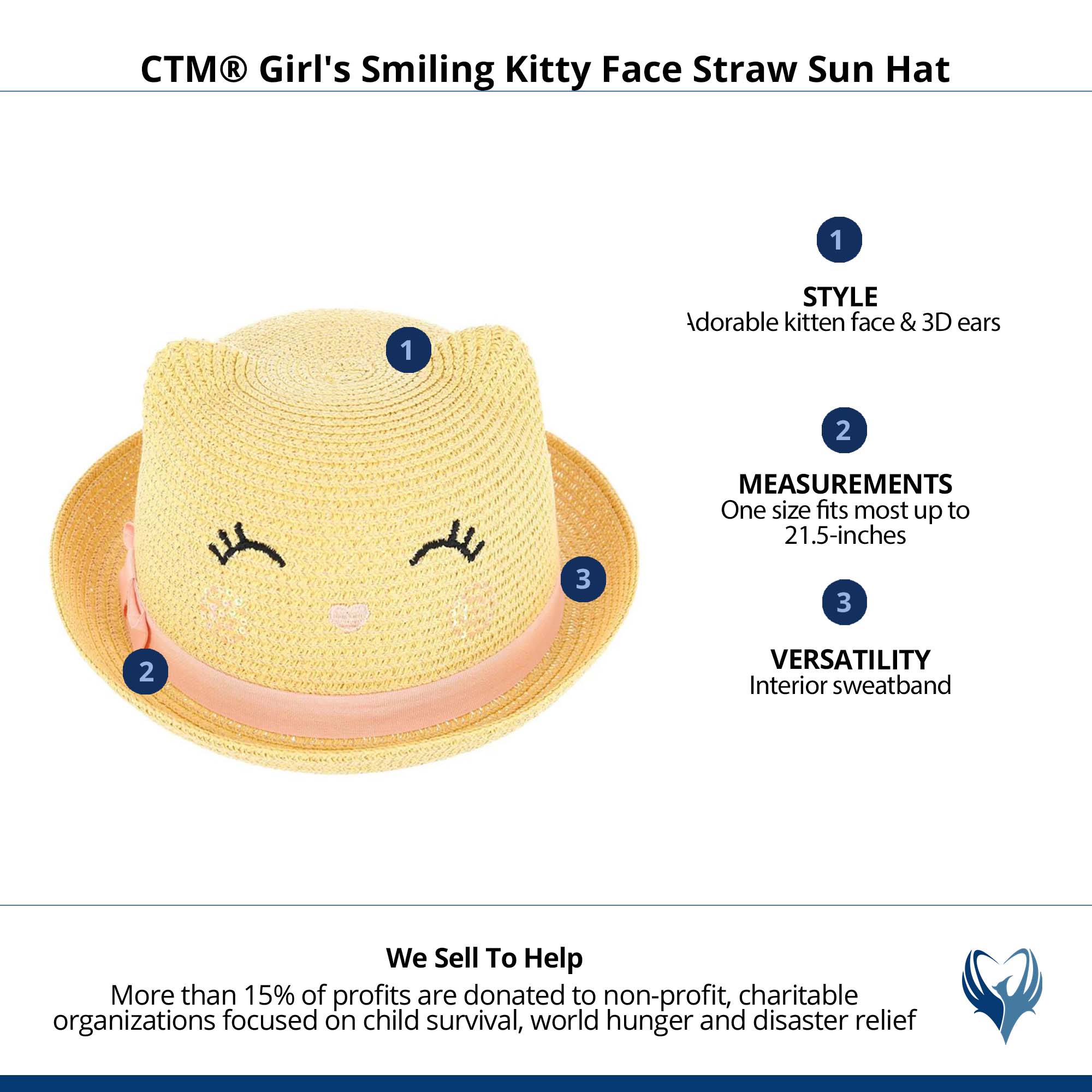 CTM® Girl's Smiling Kitty Face Straw Sun Hat - Natural