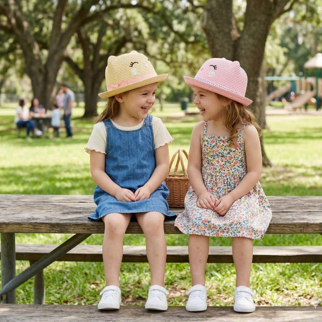 CTM® Girl's Smiling Kitty Face Straw Sun Hat - Natural