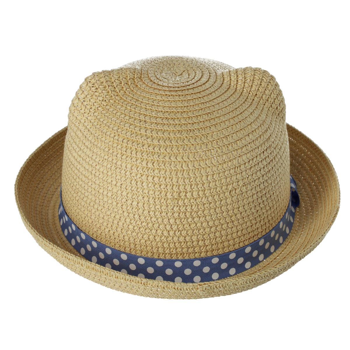 CTM® Girl's Smiling Kitty Face Straw Sun Hat - Polka Dots
