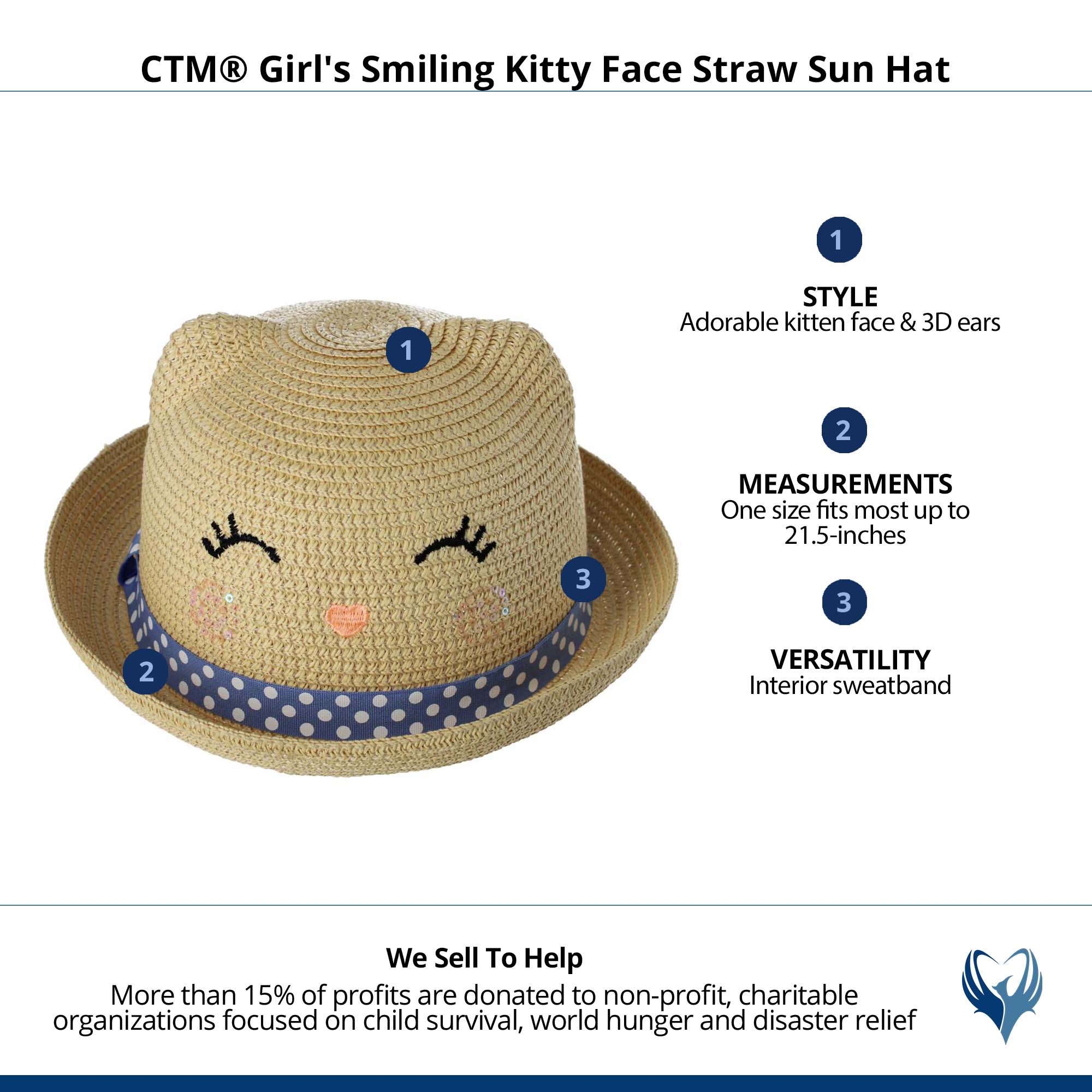 CTM® Girl's Smiling Kitty Face Straw Sun Hat - Polka Dots