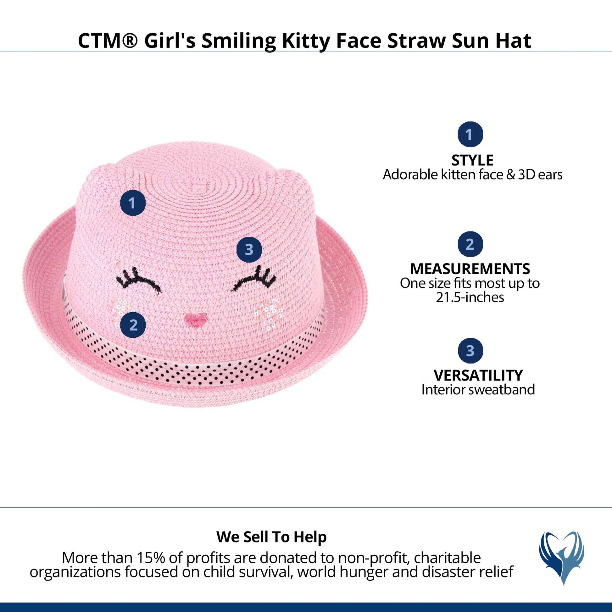 CTM® Girl's Smiling Kitty Face Straw Sun Hat - Pink