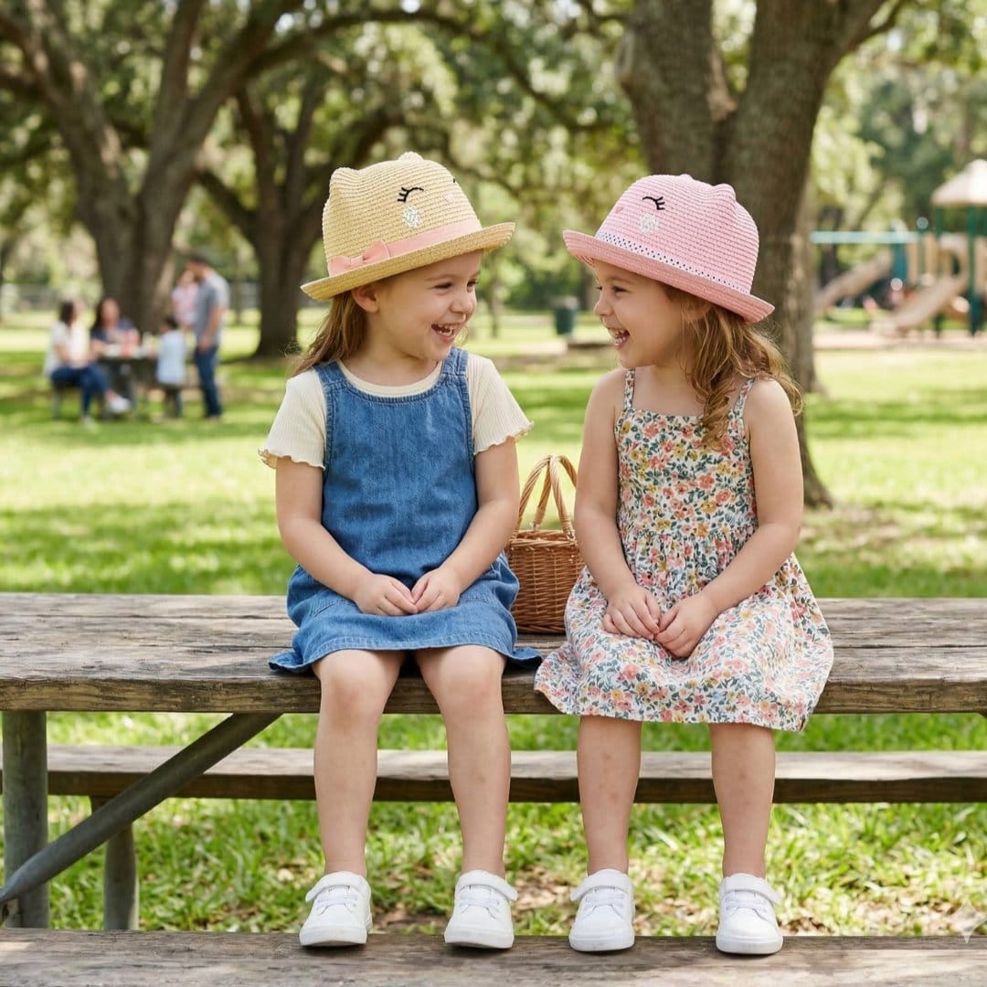 CTM® Girl's Smiling Kitty Face Straw Sun Hat - Pink