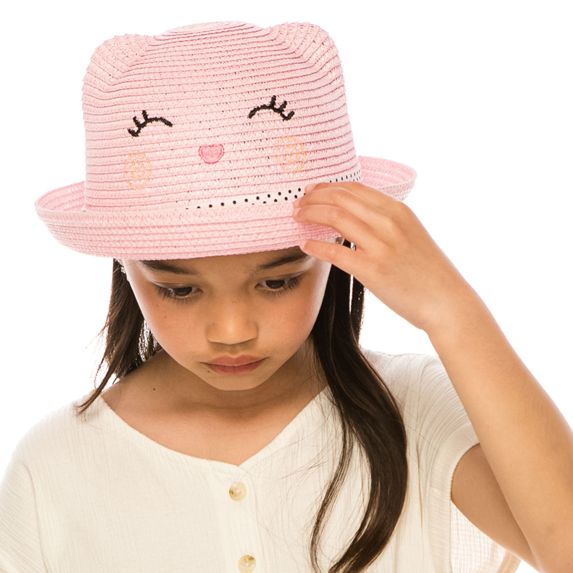 CTM® Girl's Smiling Kitty Face Straw Sun Hat - Pink
