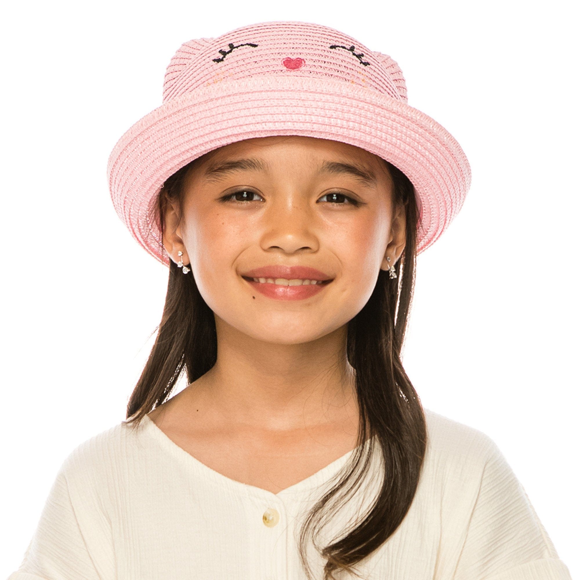 CTM® Girl's Smiling Kitty Face Straw Sun Hat - Pink