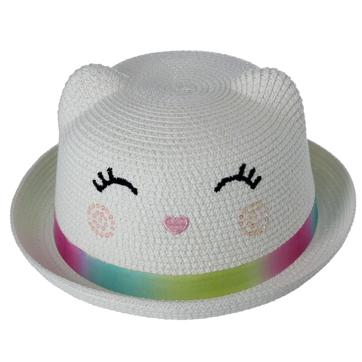 CTM® Girl's Smiling Kitty Face Straw Sun Hat - White