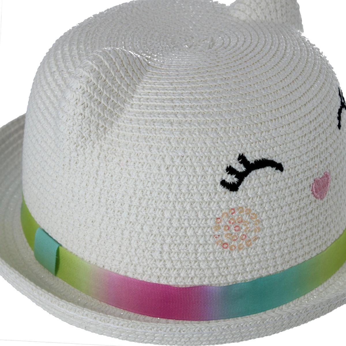 CTM® Girl's Smiling Kitty Face Straw Sun Hat - White