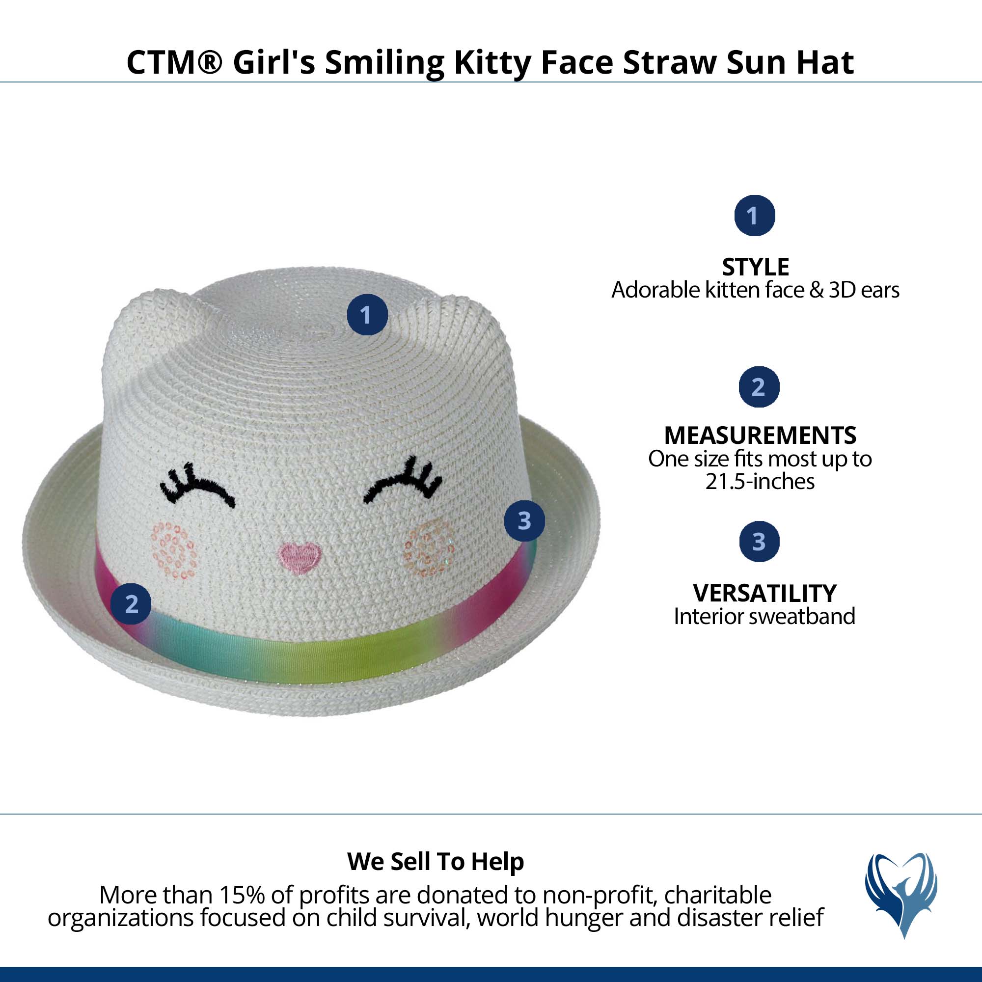 CTM® Girl's Smiling Kitty Face Straw Sun Hat - White