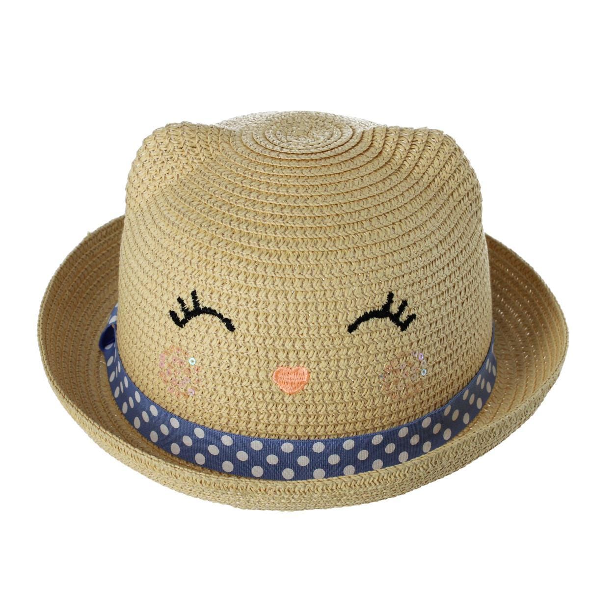 CTM® Girl's Smiling Kitty Face Straw Sun Hat - Girl's Smiling Kitty Face Straw Sun Hat