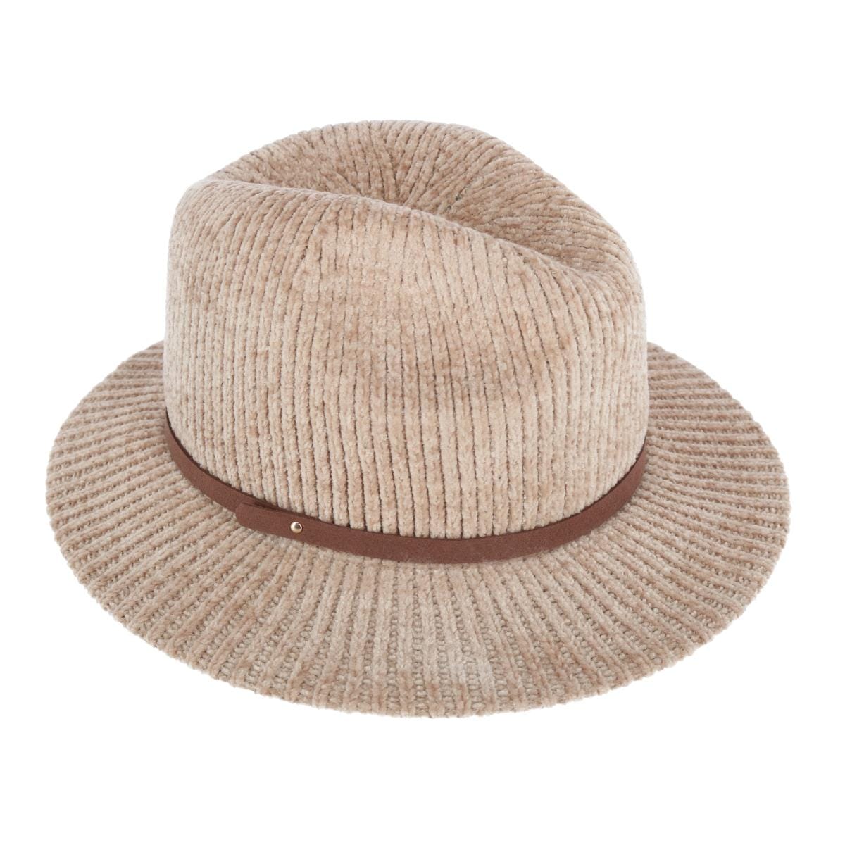 CTM® Women's Chenille Ribbed Knit Fedora with Hatband - Beige