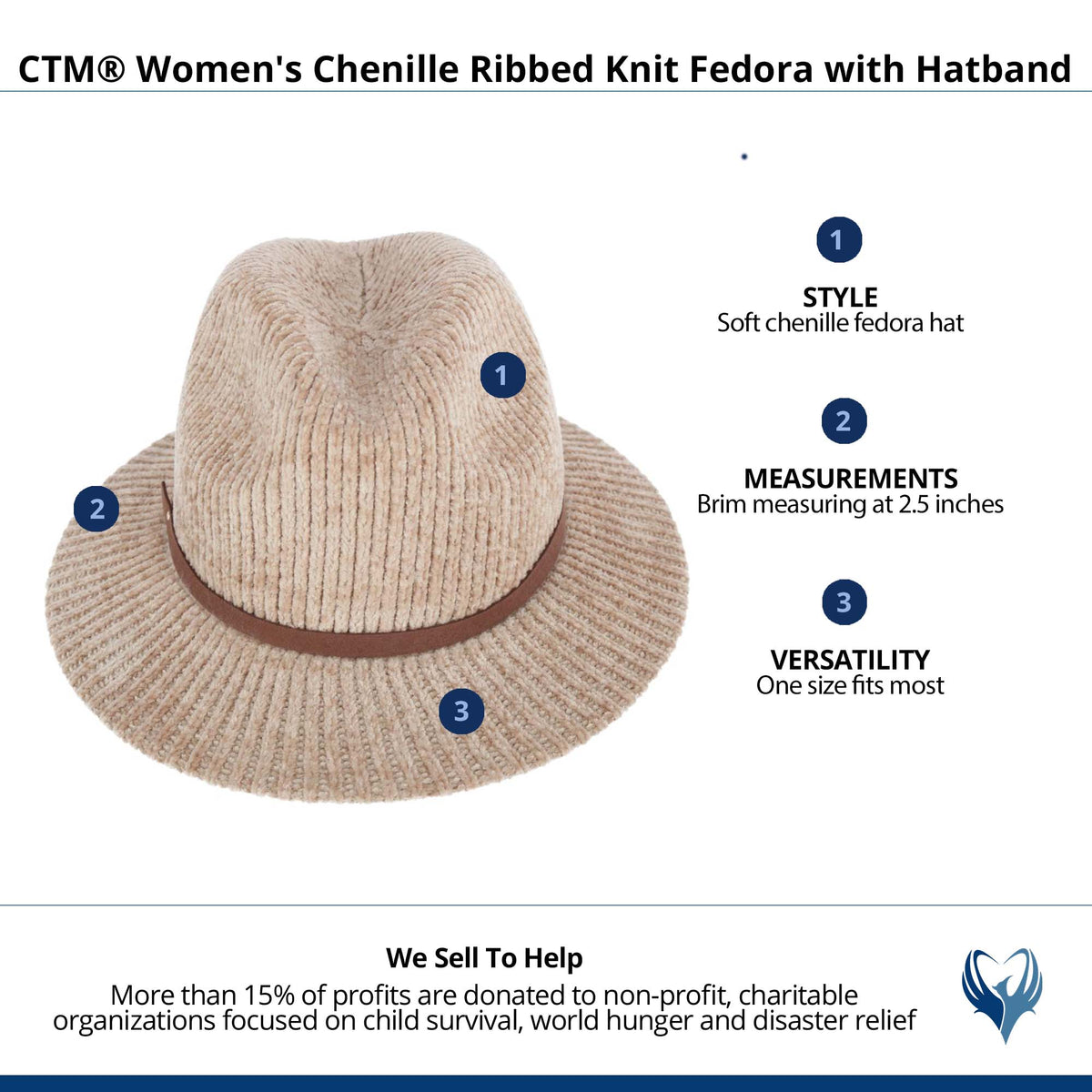 CTM® Women's Chenille Ribbed Knit Fedora with Hatband - Beige