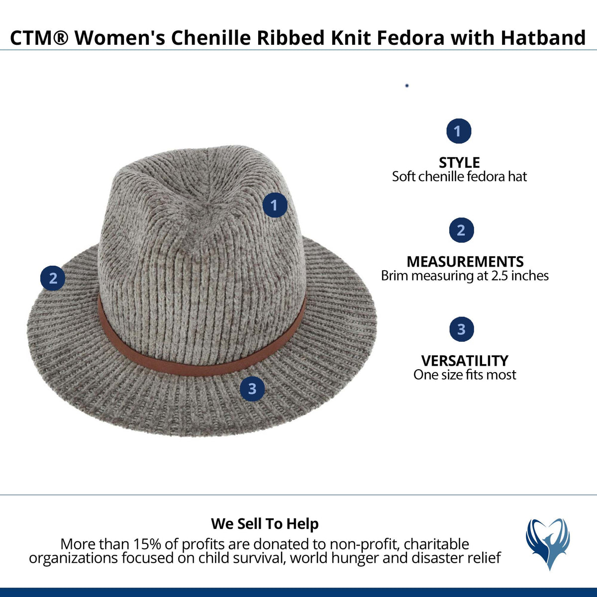 CTM® Women's Chenille Ribbed Knit Fedora with Hatband - Gray