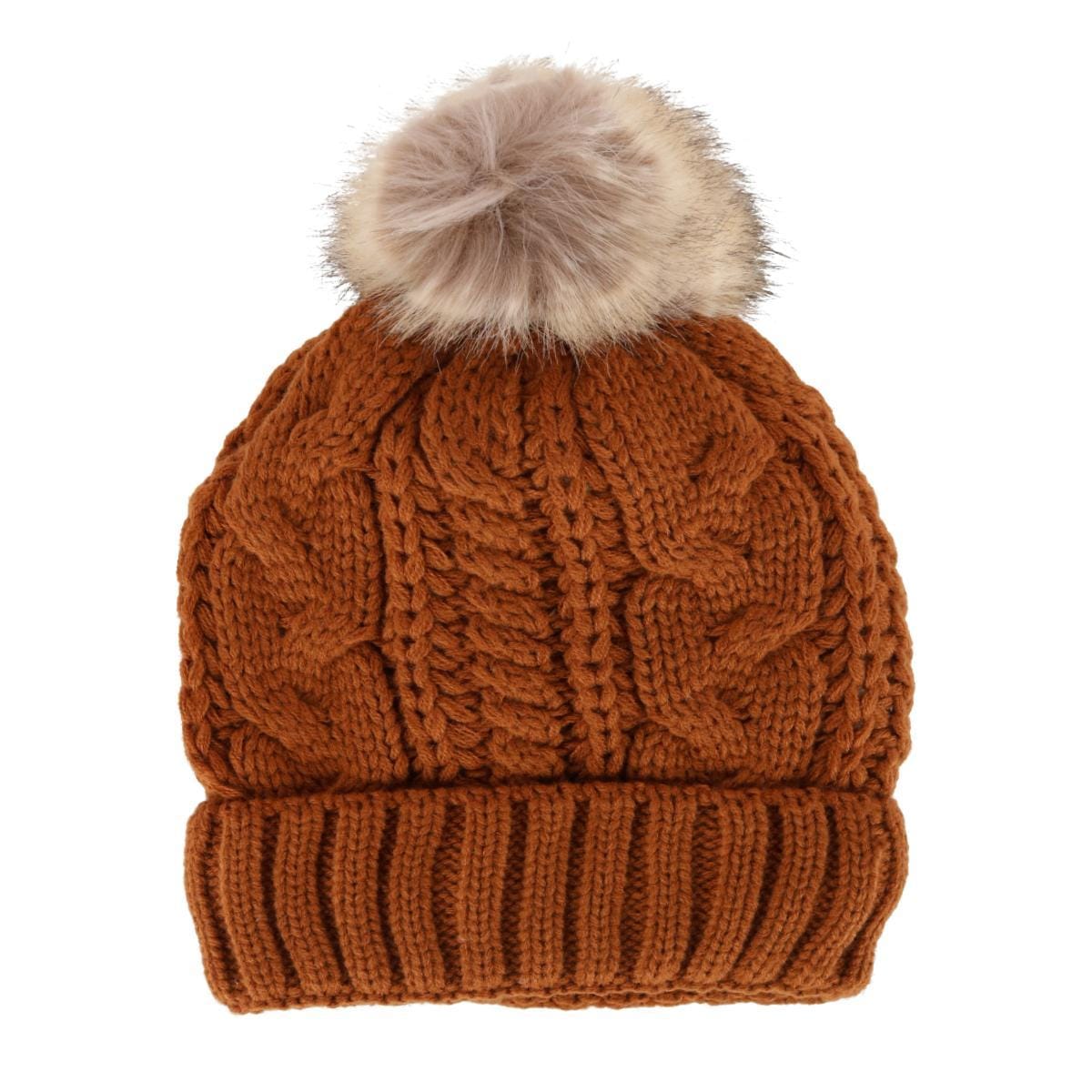 CTM® Women's Cable Knit Lined Winter Beanie with Synthetic Fur Pom - Chestnut