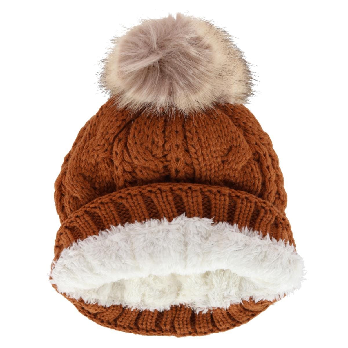 CTM® Women's Cable Knit Lined Winter Beanie with Synthetic Fur Pom - Chestnut
