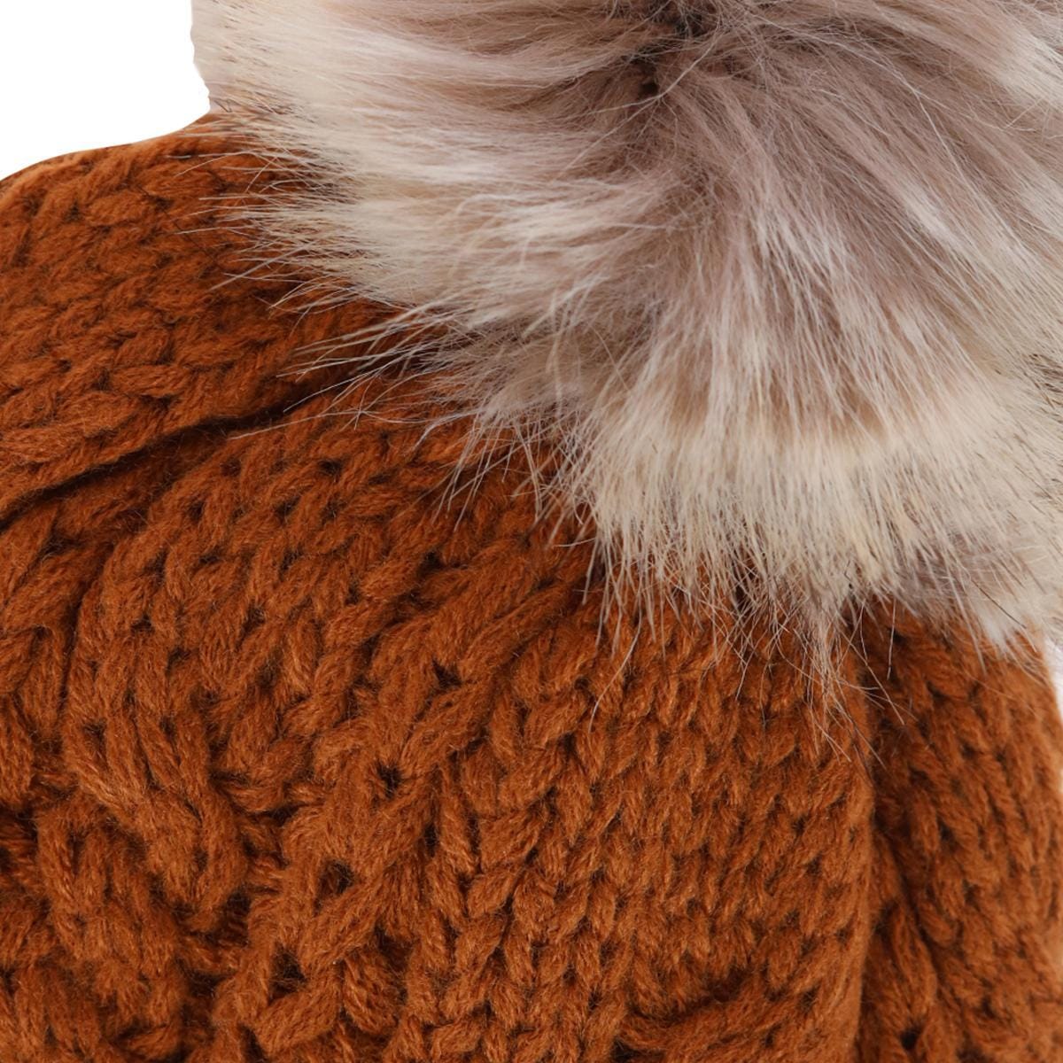 CTM® Women's Cable Knit Lined Winter Beanie with Synthetic Fur Pom - Chestnut