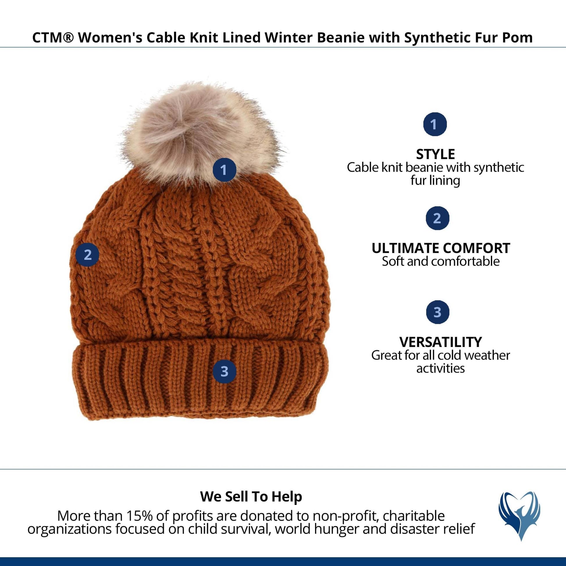 CTM® Women's Cable Knit Lined Winter Beanie with Synthetic Fur Pom - Chestnut