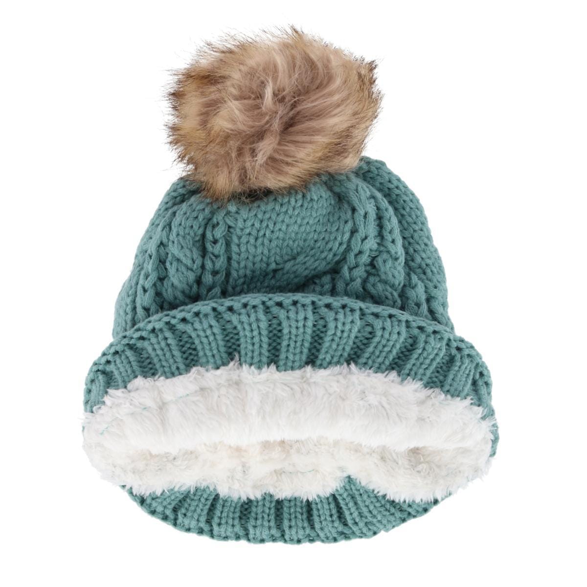 CTM® Women's Cable Knit Lined Winter Beanie with Synthetic Fur Pom - Mint