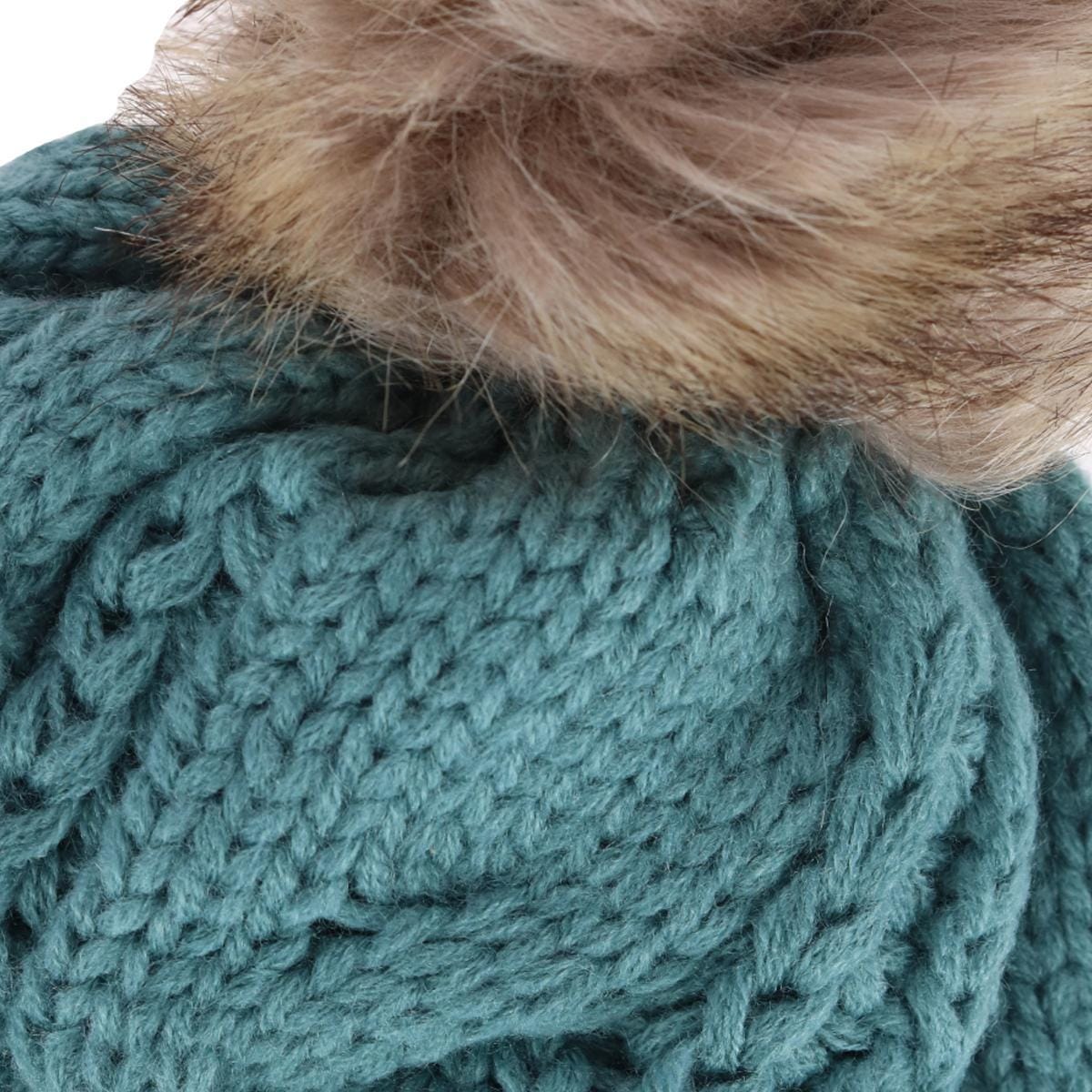 CTM® Women's Cable Knit Lined Winter Beanie with Synthetic Fur Pom - Mint