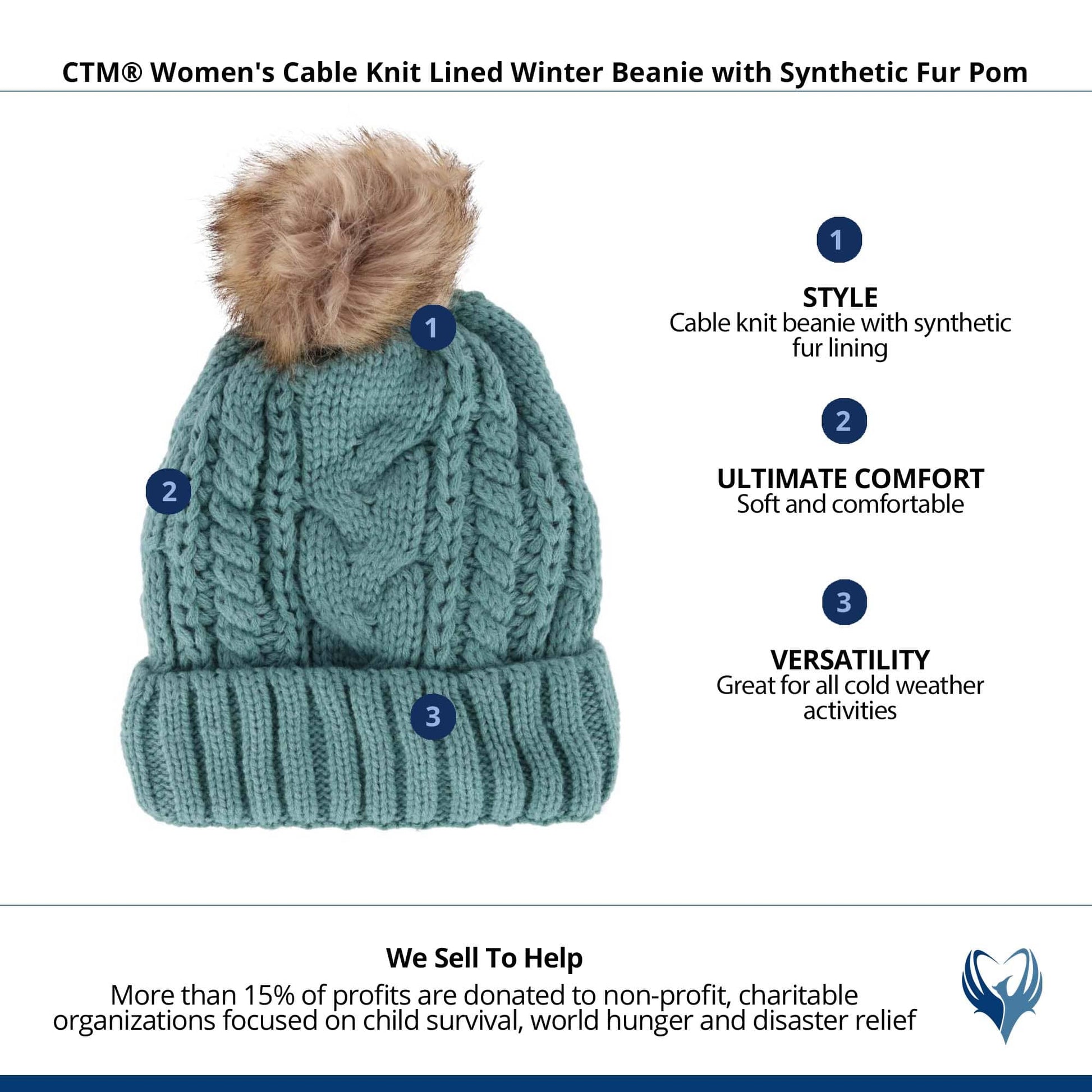 CTM® Women's Cable Knit Lined Winter Beanie with Synthetic Fur Pom - Mint