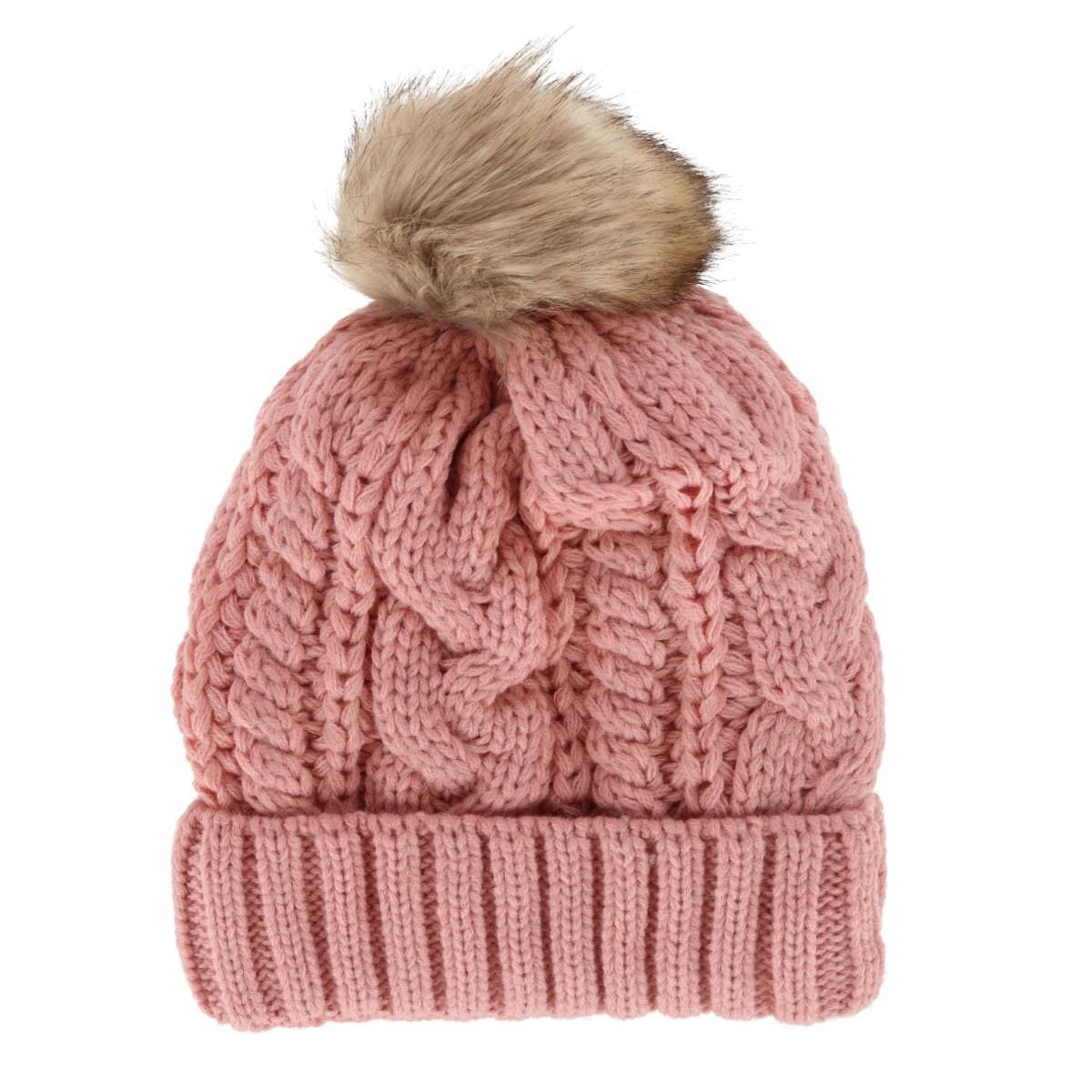CTM® Women's Cable Knit Lined Winter Beanie with Synthetic Fur Pom - Pink