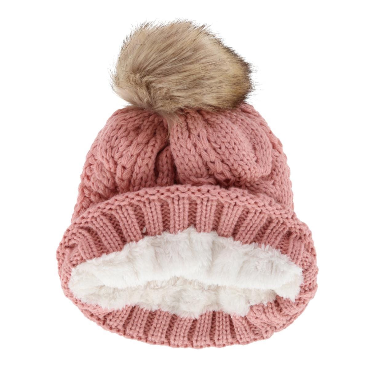 CTM® Women's Cable Knit Lined Winter Beanie with Synthetic Fur Pom - Pink
