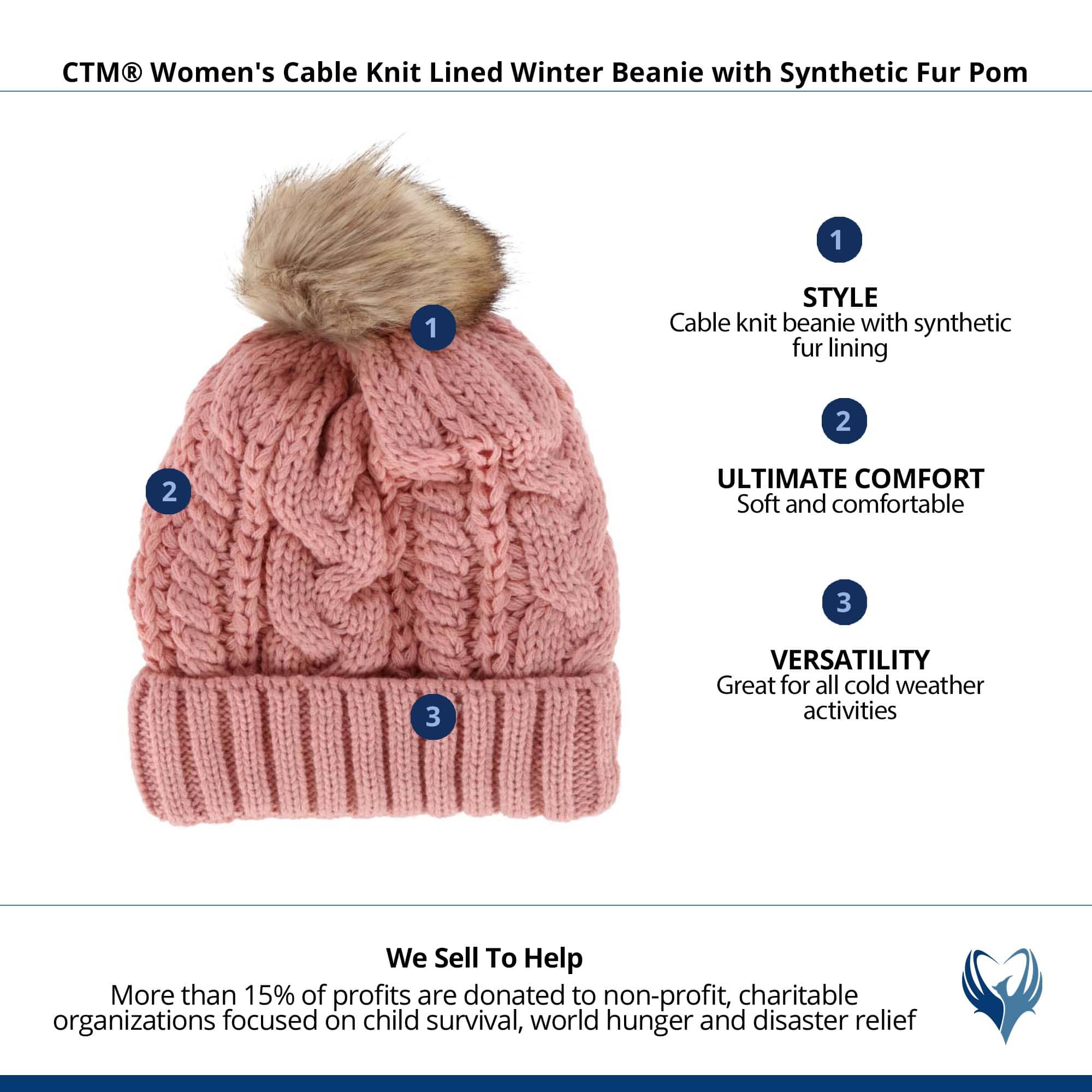 CTM® Women's Cable Knit Lined Winter Beanie with Synthetic Fur Pom - Pink