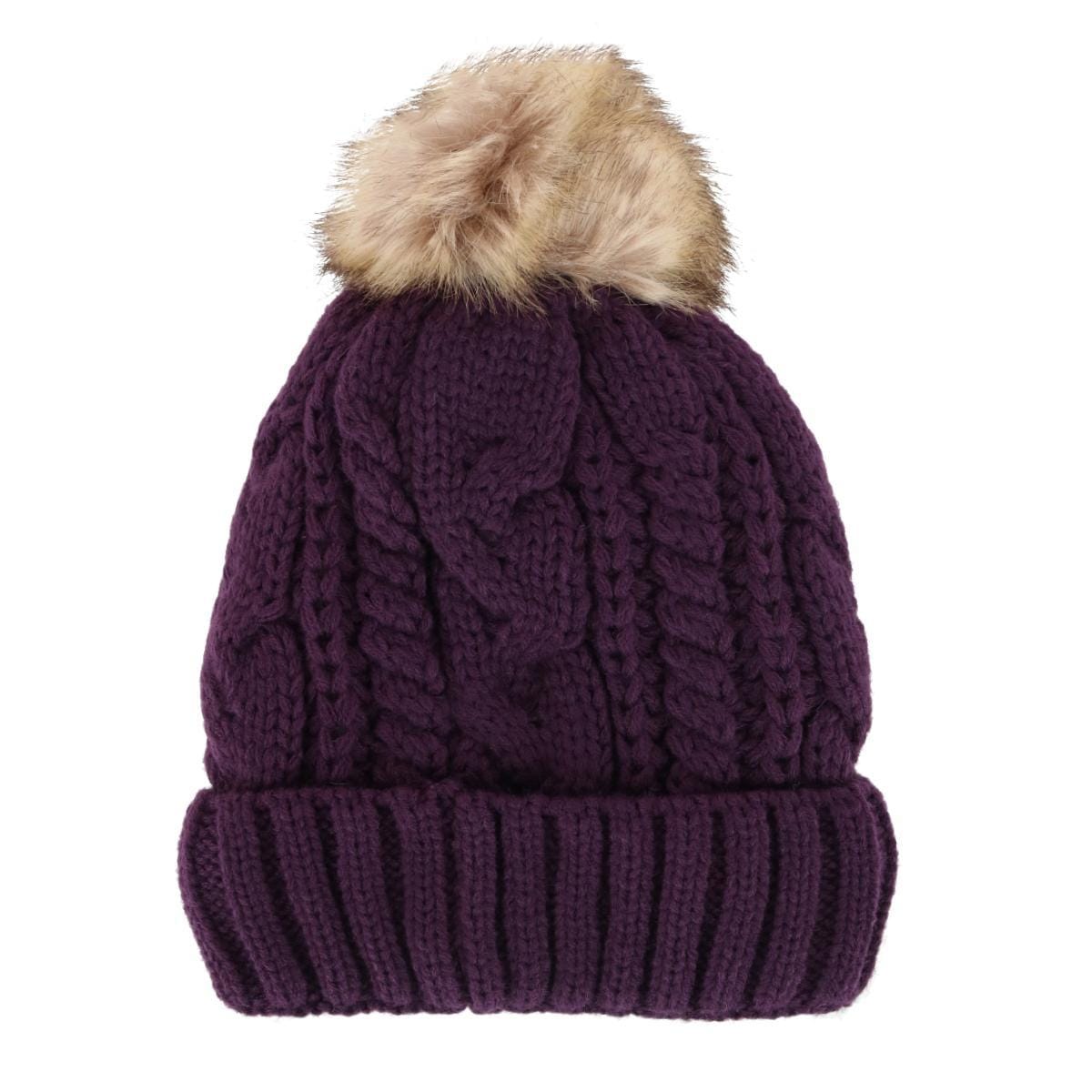 CTM® Women's Cable Knit Lined Winter Beanie with Synthetic Fur Pom - Plum