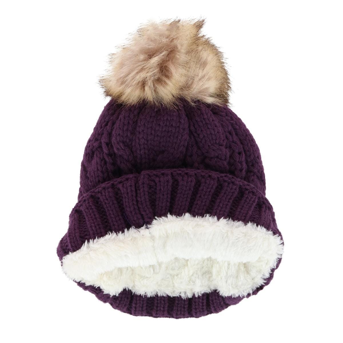 CTM® Women's Cable Knit Lined Winter Beanie with Synthetic Fur Pom - Plum