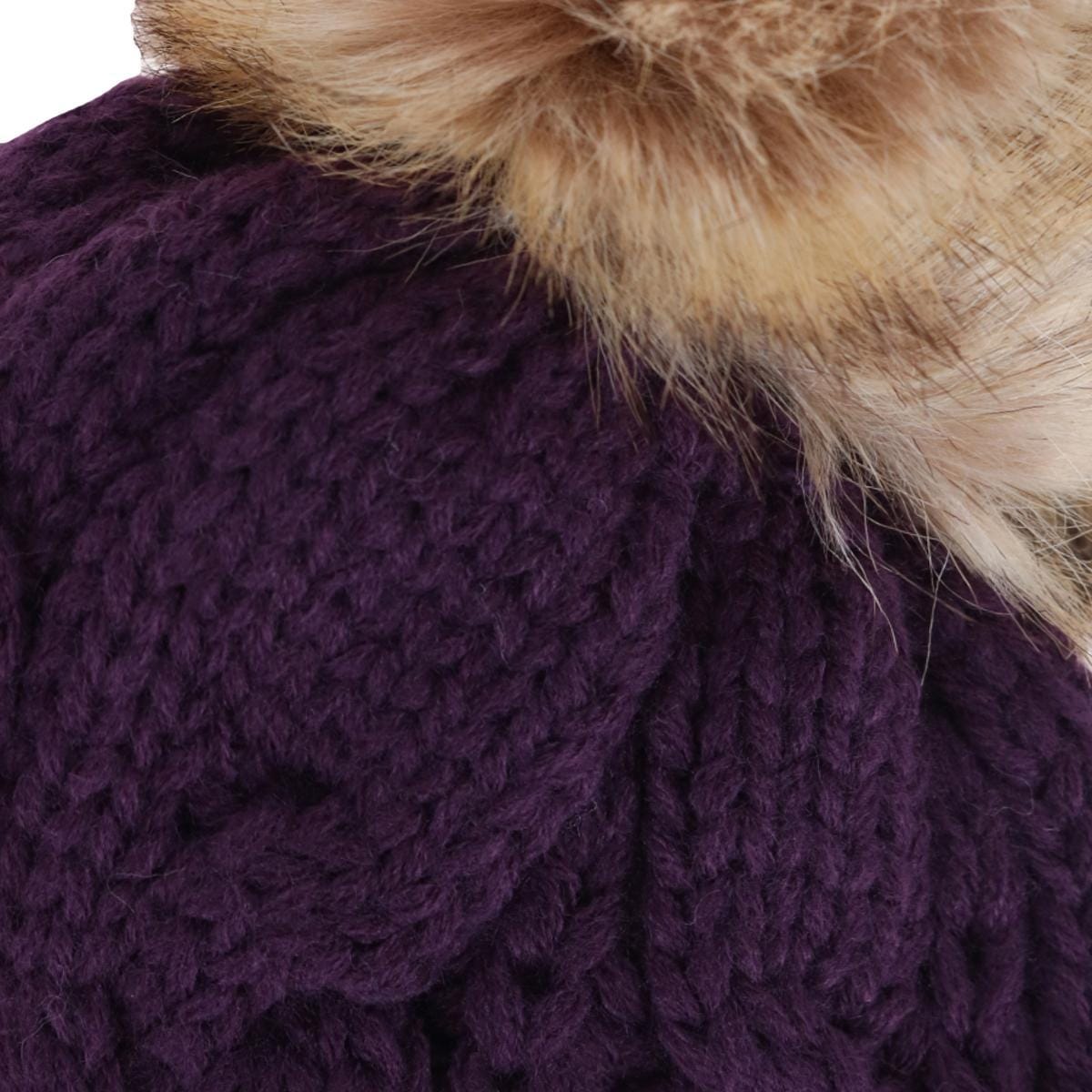 CTM® Women's Cable Knit Lined Winter Beanie with Synthetic Fur Pom - Plum