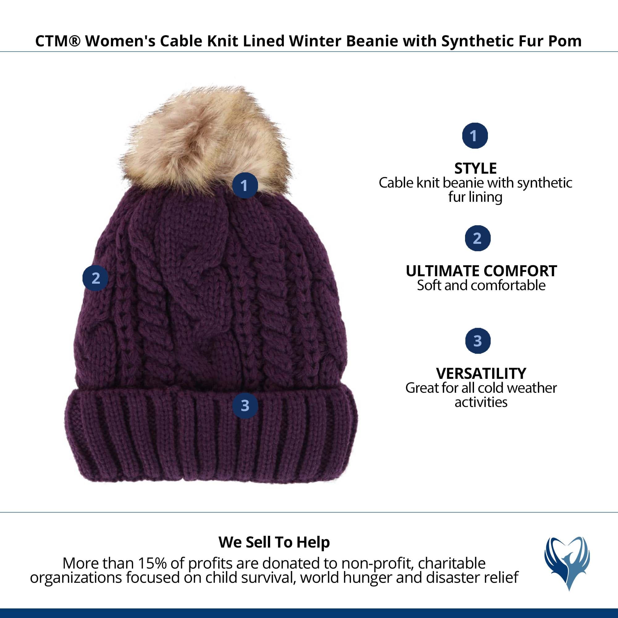 CTM® Women's Cable Knit Lined Winter Beanie with Synthetic Fur Pom - Plum