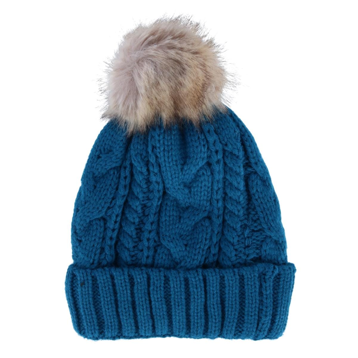 CTM® Women's Cable Knit Lined Winter Beanie with Synthetic Fur Pom - Turquoise