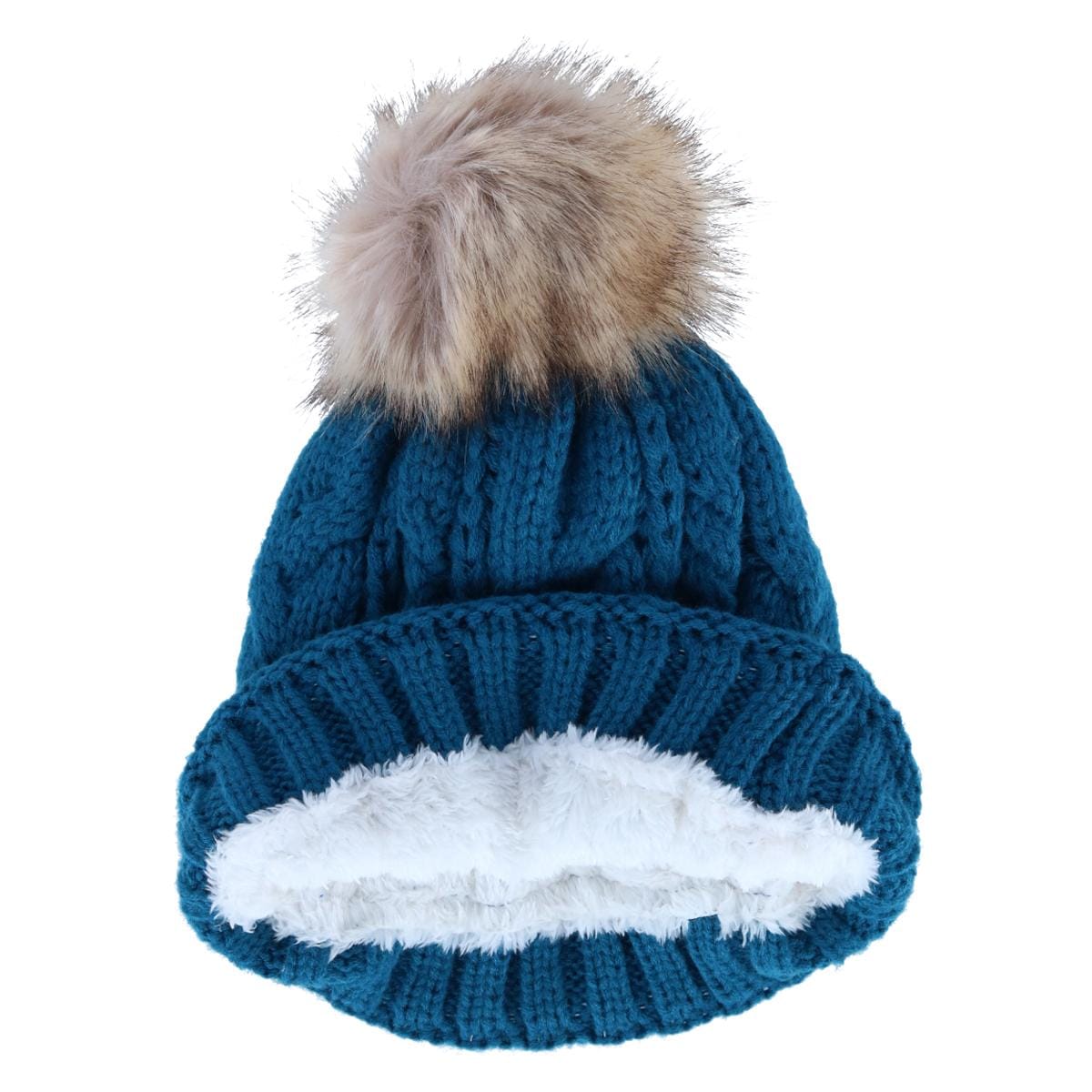 CTM® Women's Cable Knit Lined Winter Beanie with Synthetic Fur Pom - Turquoise