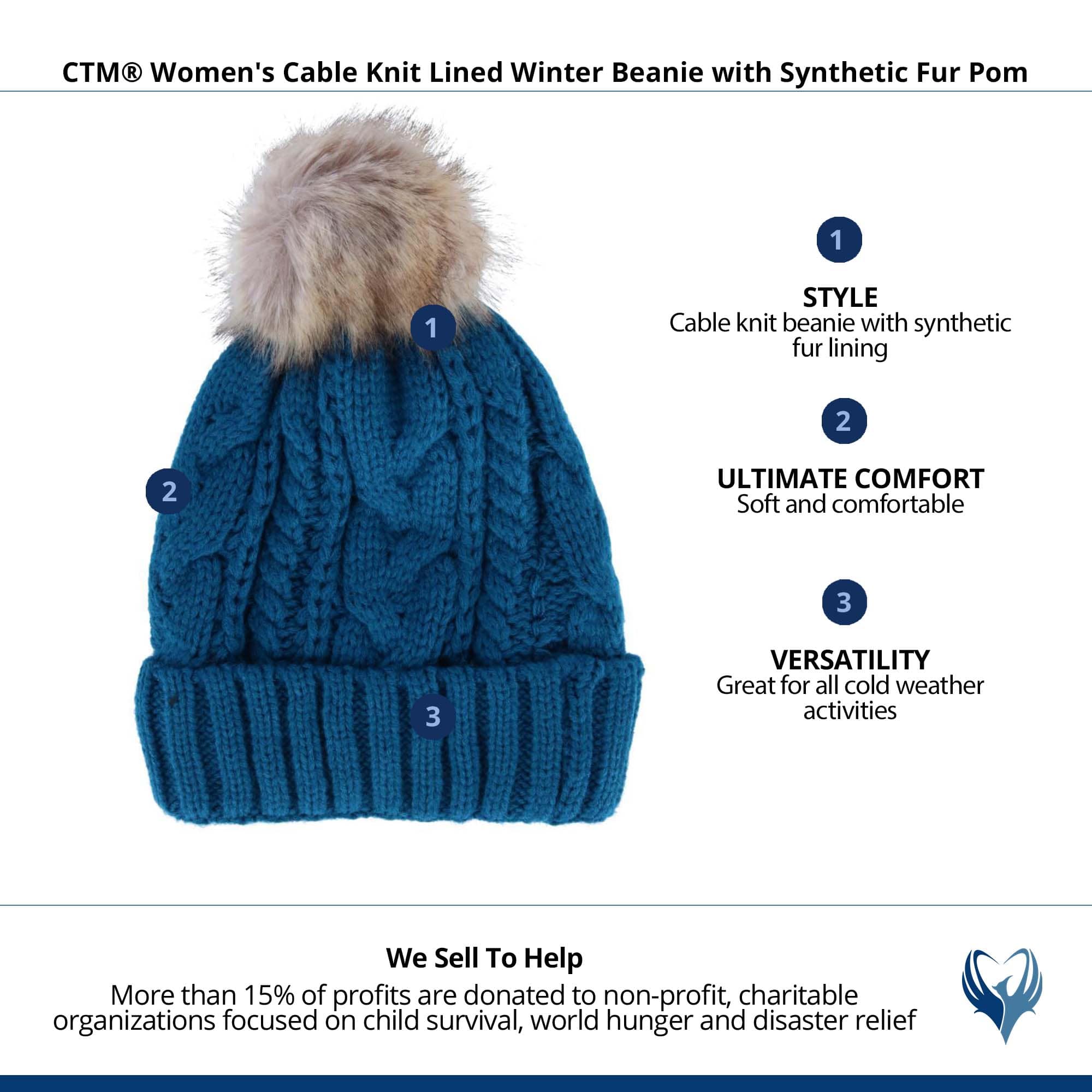 CTM® Women's Cable Knit Lined Winter Beanie with Synthetic Fur Pom - Turquoise