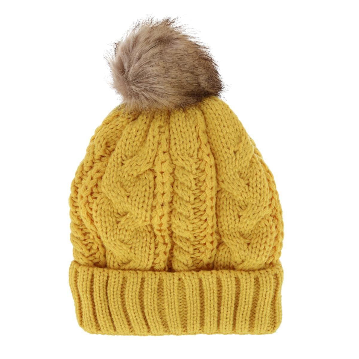 CTM® Women's Cable Knit Lined Winter Beanie with Synthetic Fur Pom - Mustard Yellow